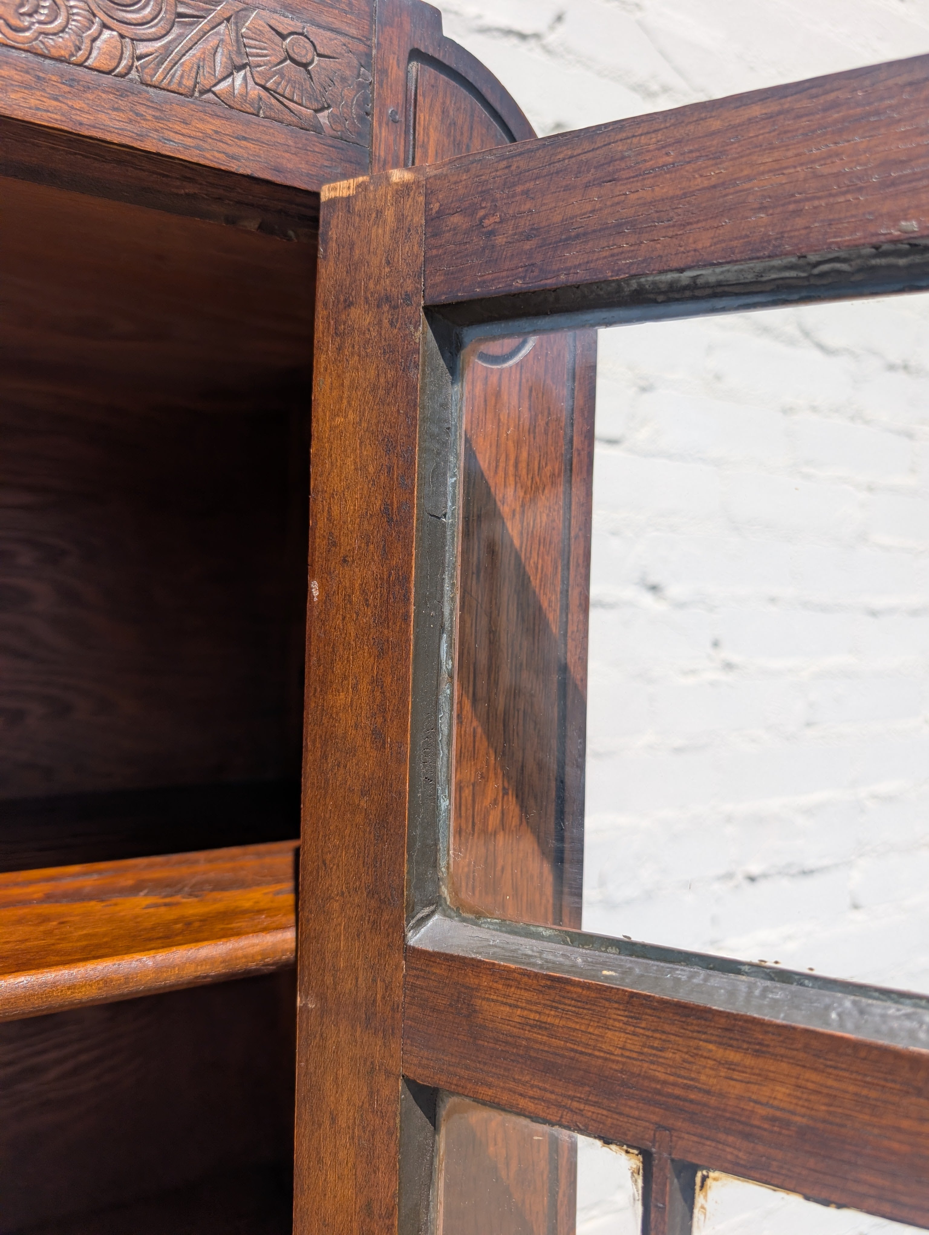 Rustic Old English Oak Glass Front Cabinet
