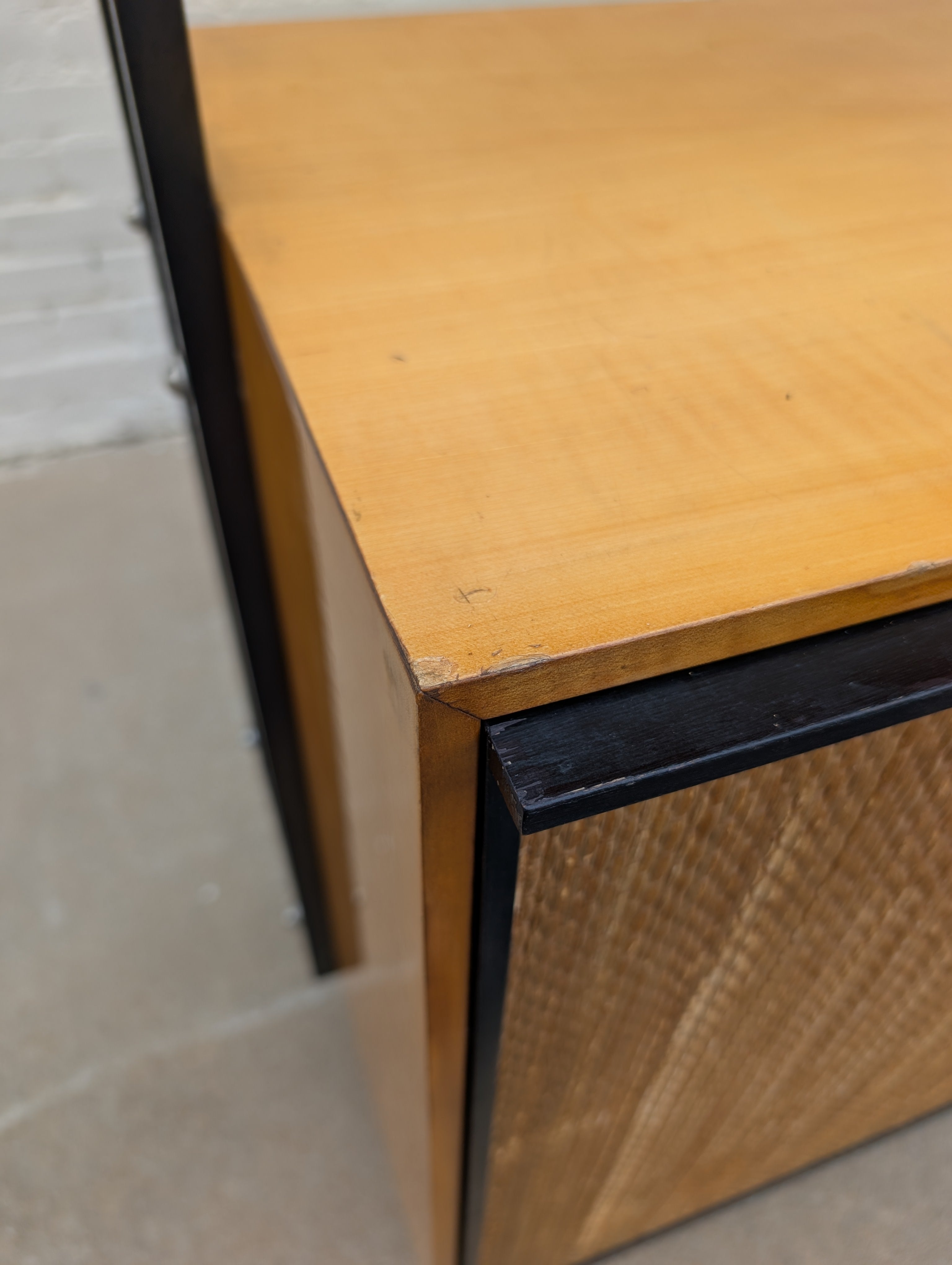 Mid Century French Modern Lacquered Maple and Grasscloth Wall Unit