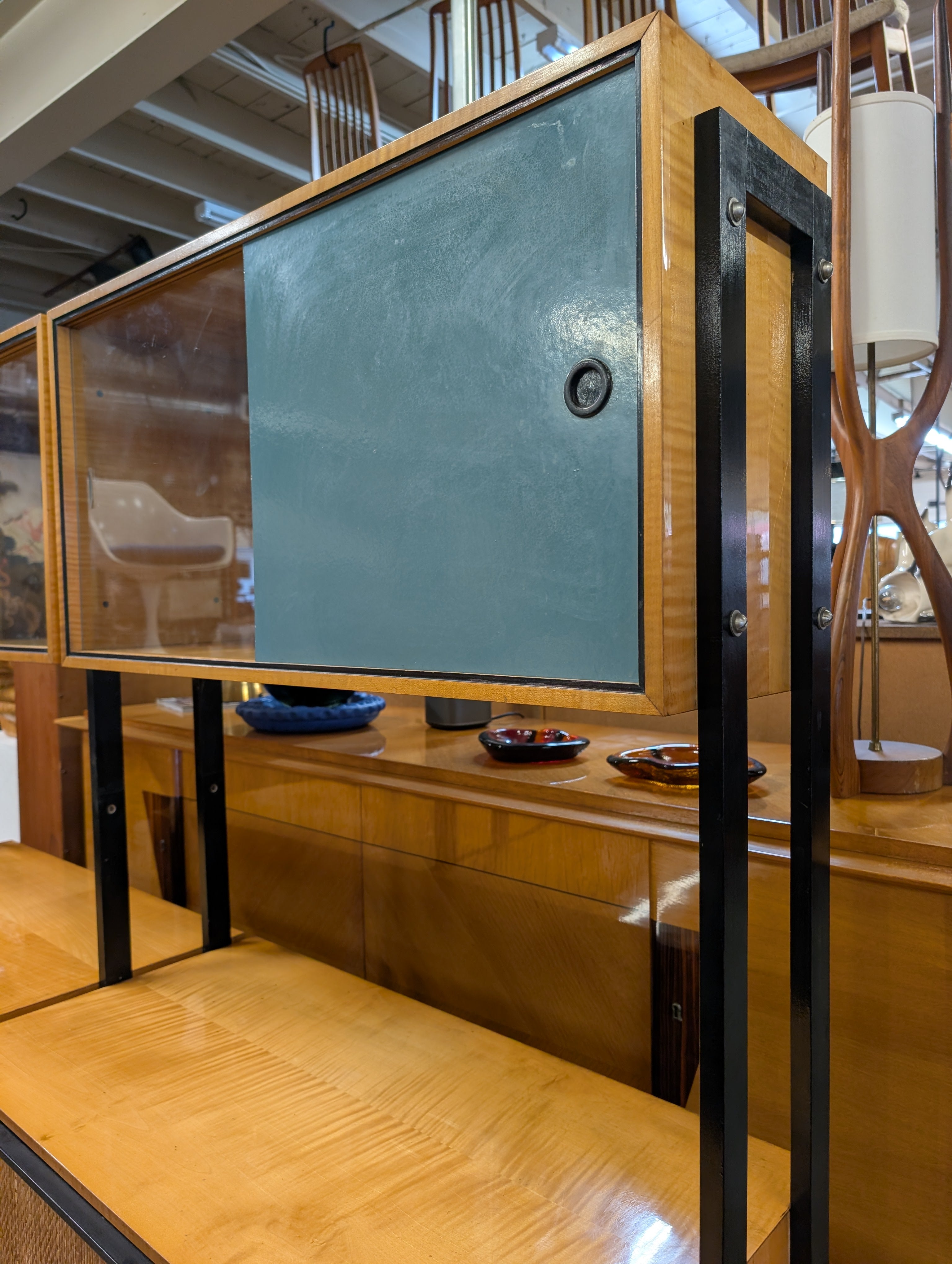 Mid Century French Modern Lacquered Maple and Grasscloth Wall Unit