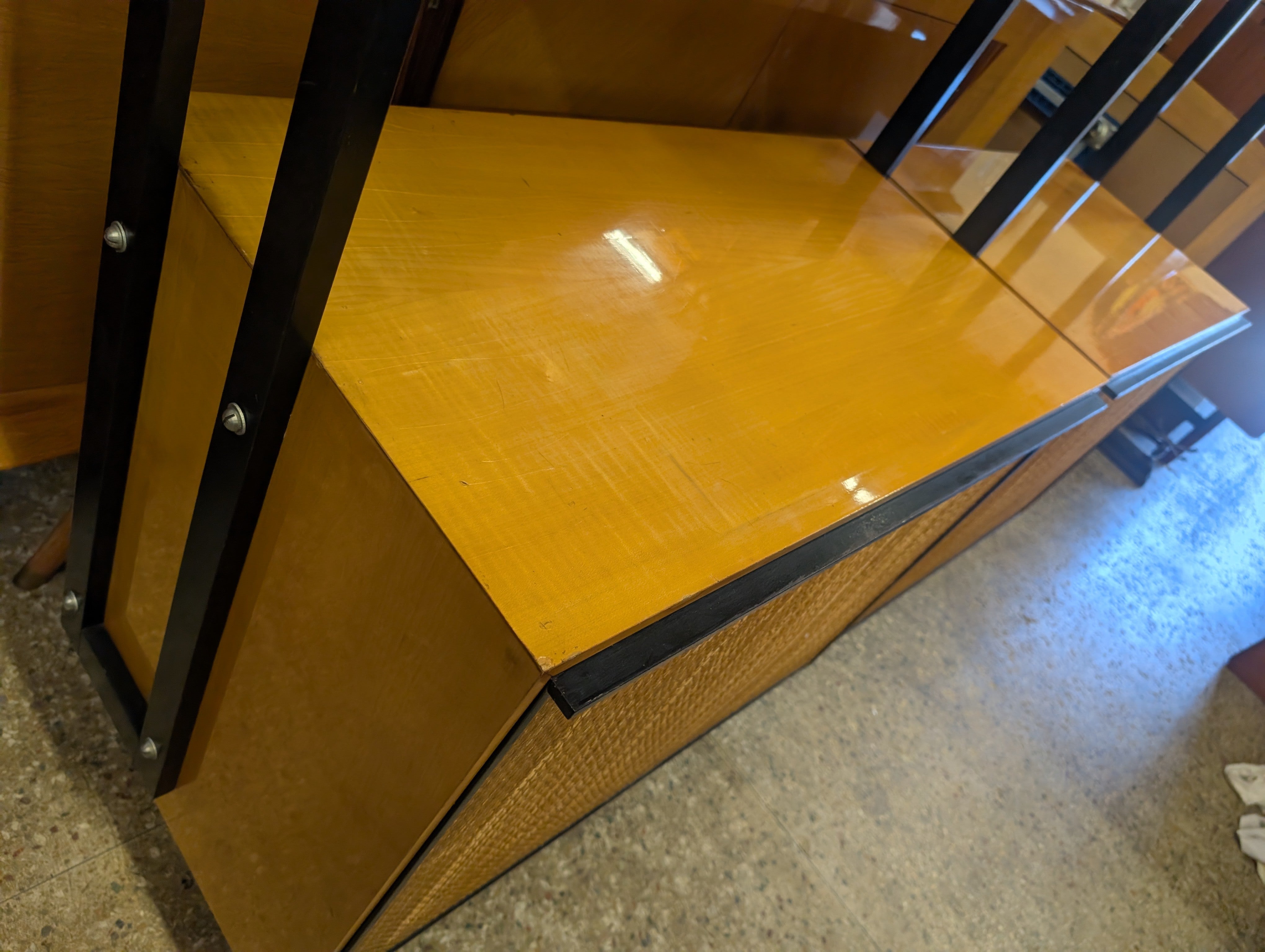 Mid Century French Modern Lacquered Maple and Grasscloth Wall Unit