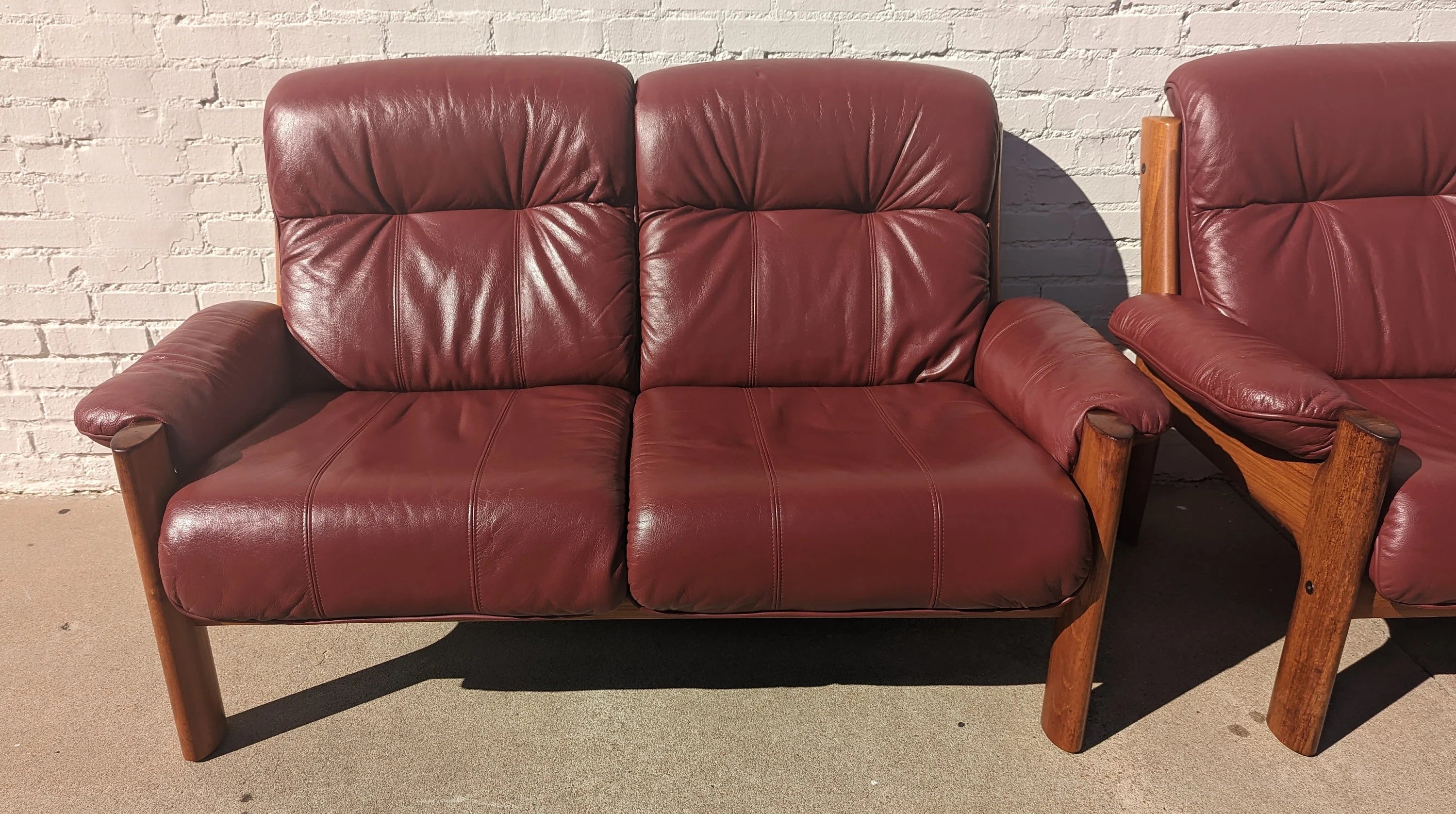 Mid Century Danish Modern Leather and Teak Loveseat