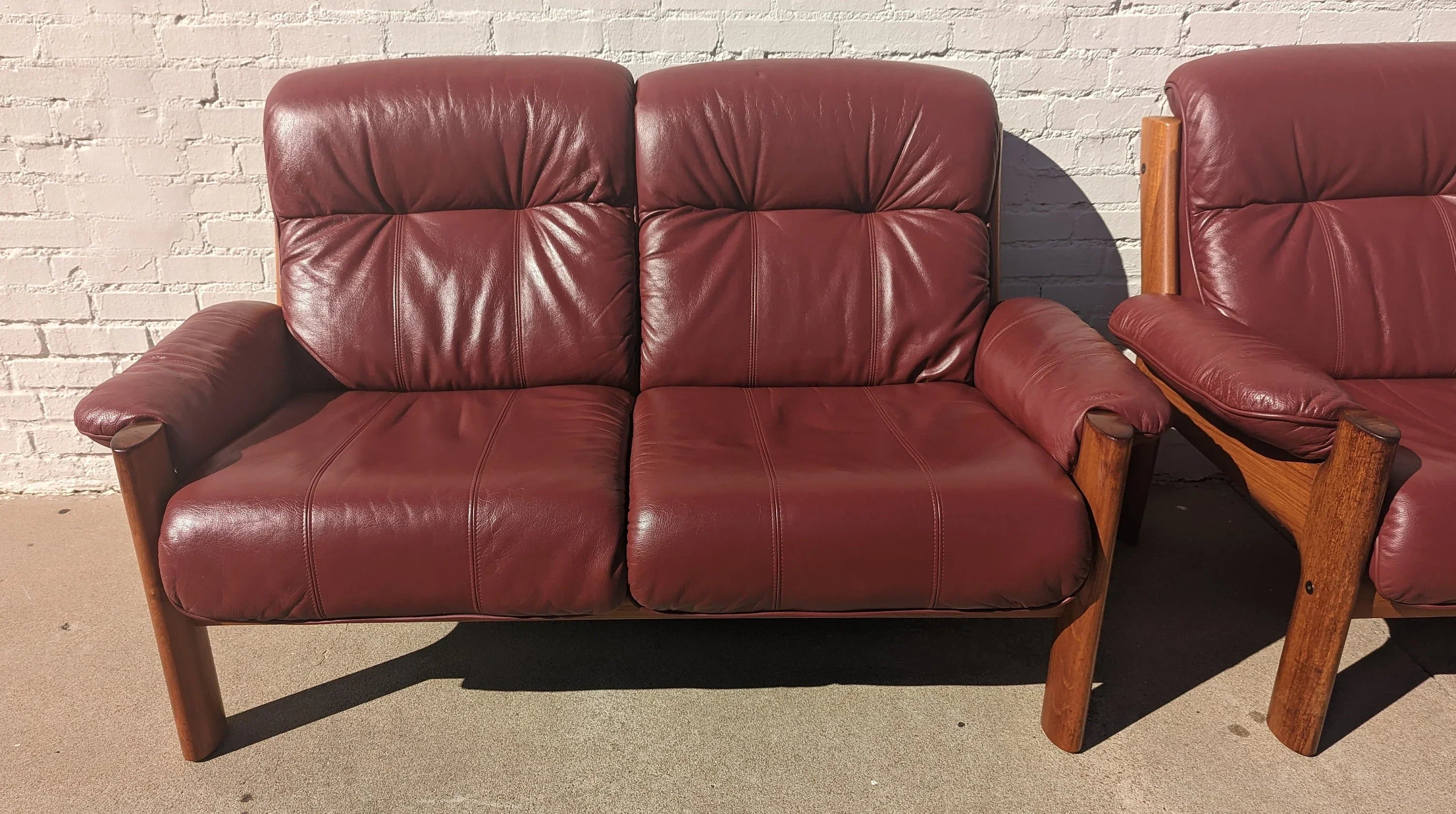 Mid Century Danish Modern Leather and Teak Loveseat