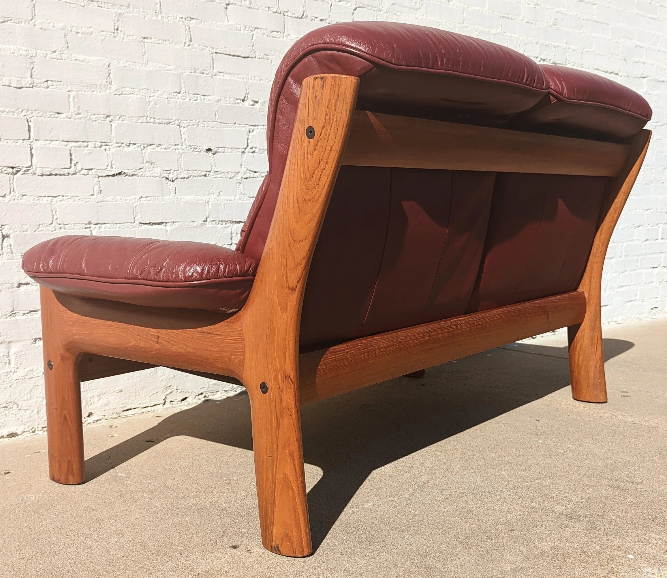 Mid Century Danish Modern Leather and Teak Loveseat