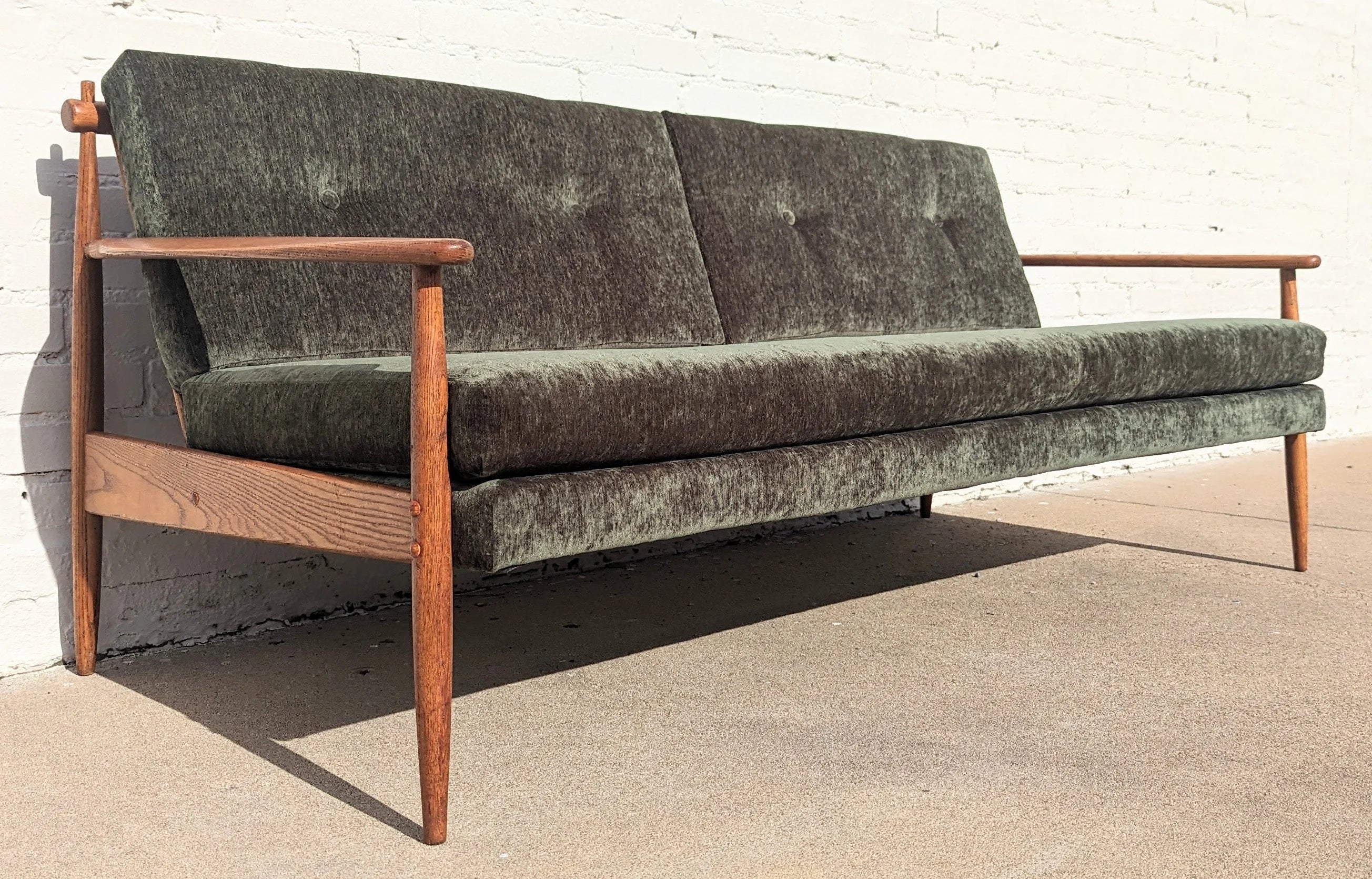 Mid Century Modern Oak and Velvet Sofa