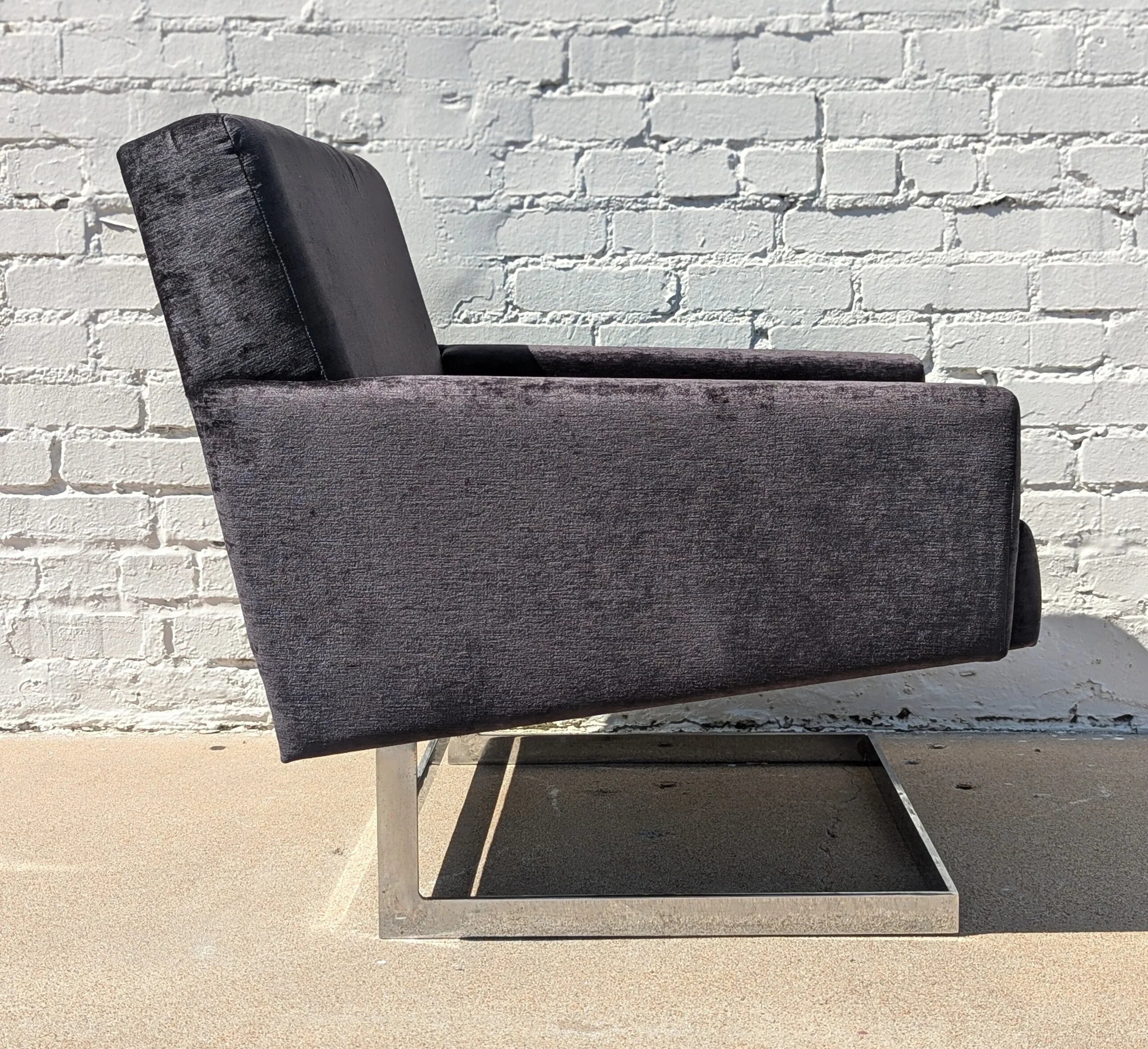 Mid Century Modern Chrome and Velvet Cantilevered Chair