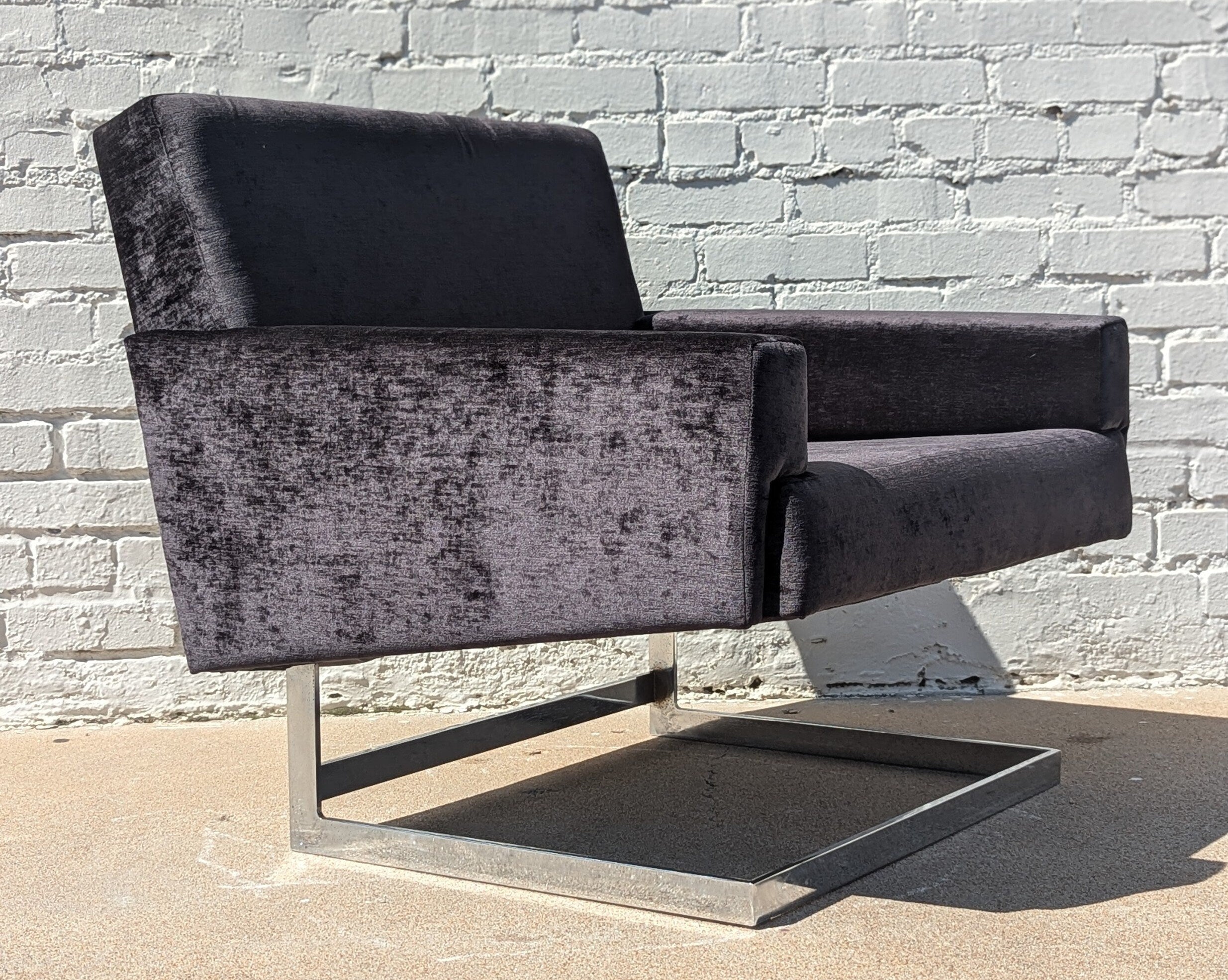 Mid Century Modern Chrome and Velvet Cantilevered Chair
