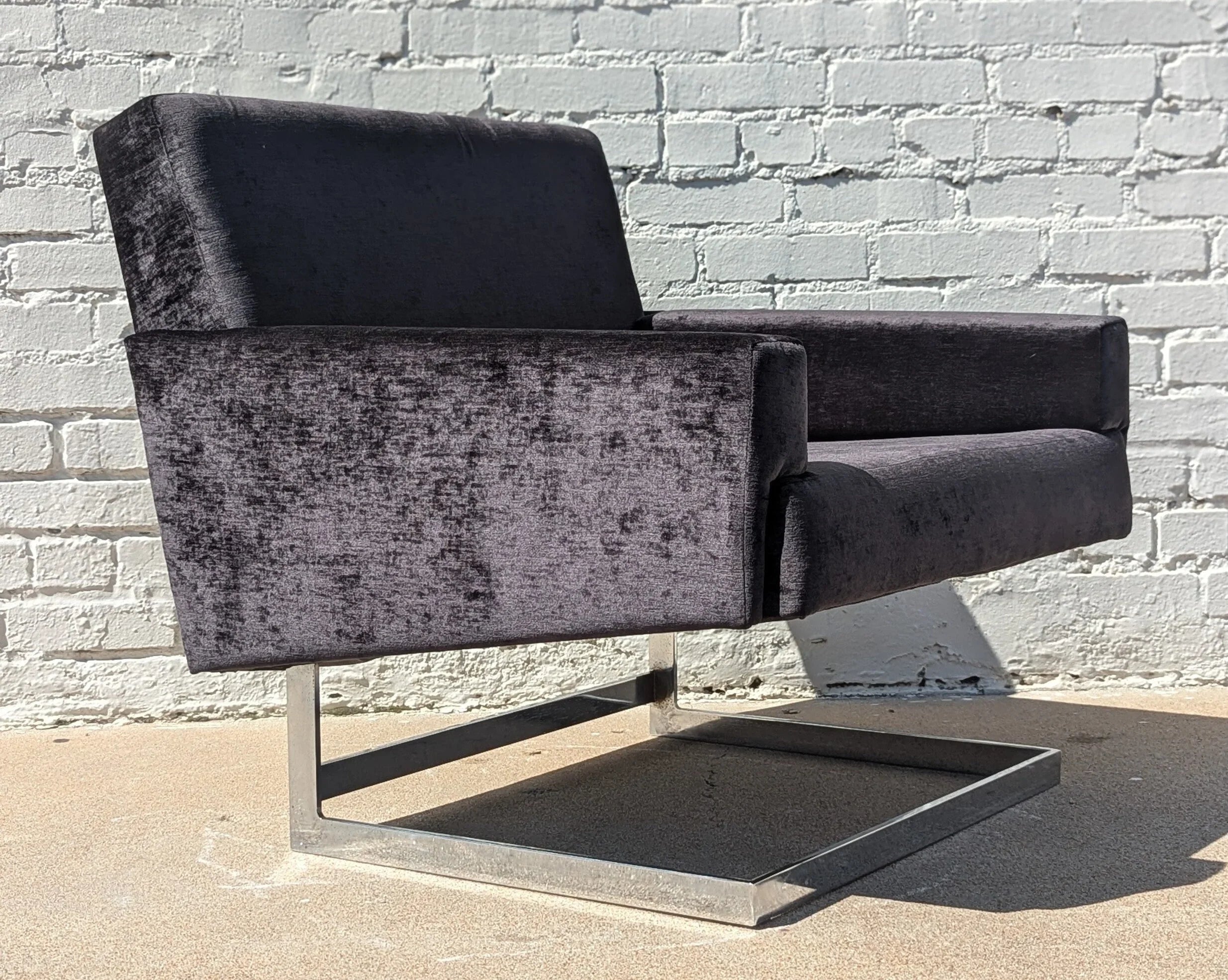 Mid Century Modern Chrome and Velvet Cantilevered Chair