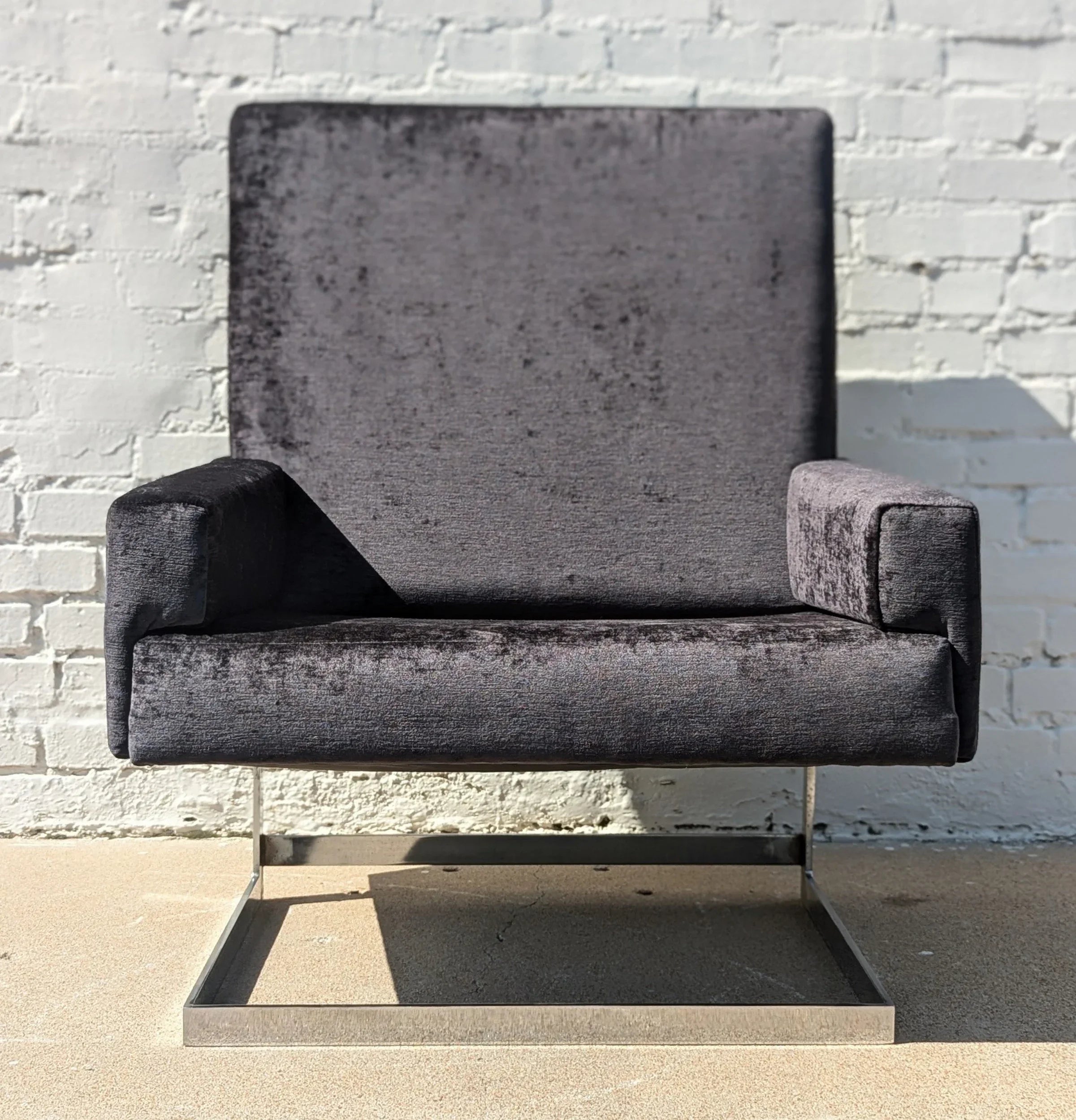 Mid Century Modern Chrome and Velvet Cantilevered High Back Chair