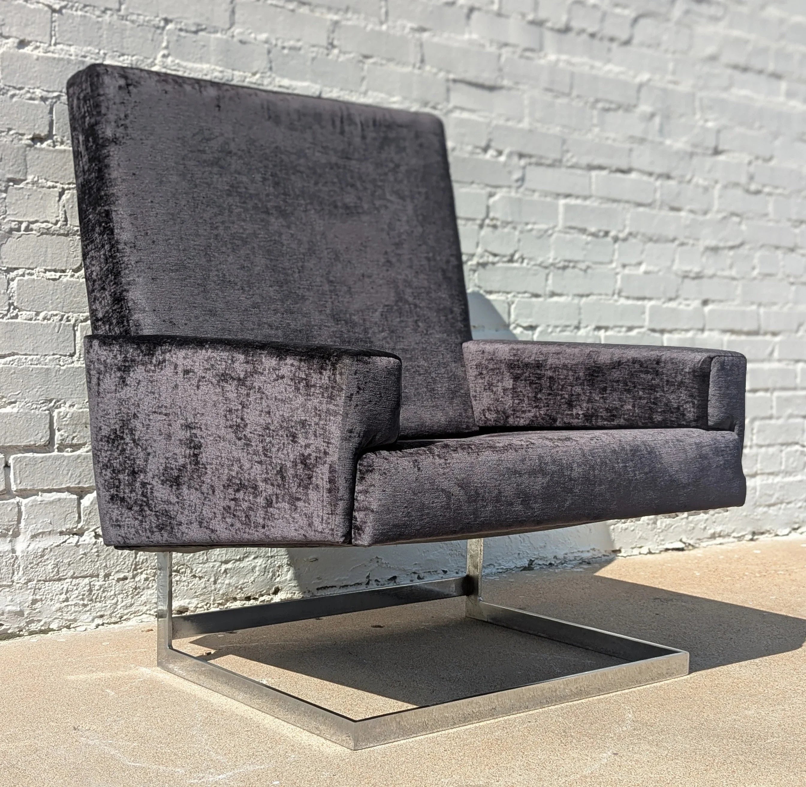 Mid Century Modern Chrome and Velvet Cantilevered High Back Chair