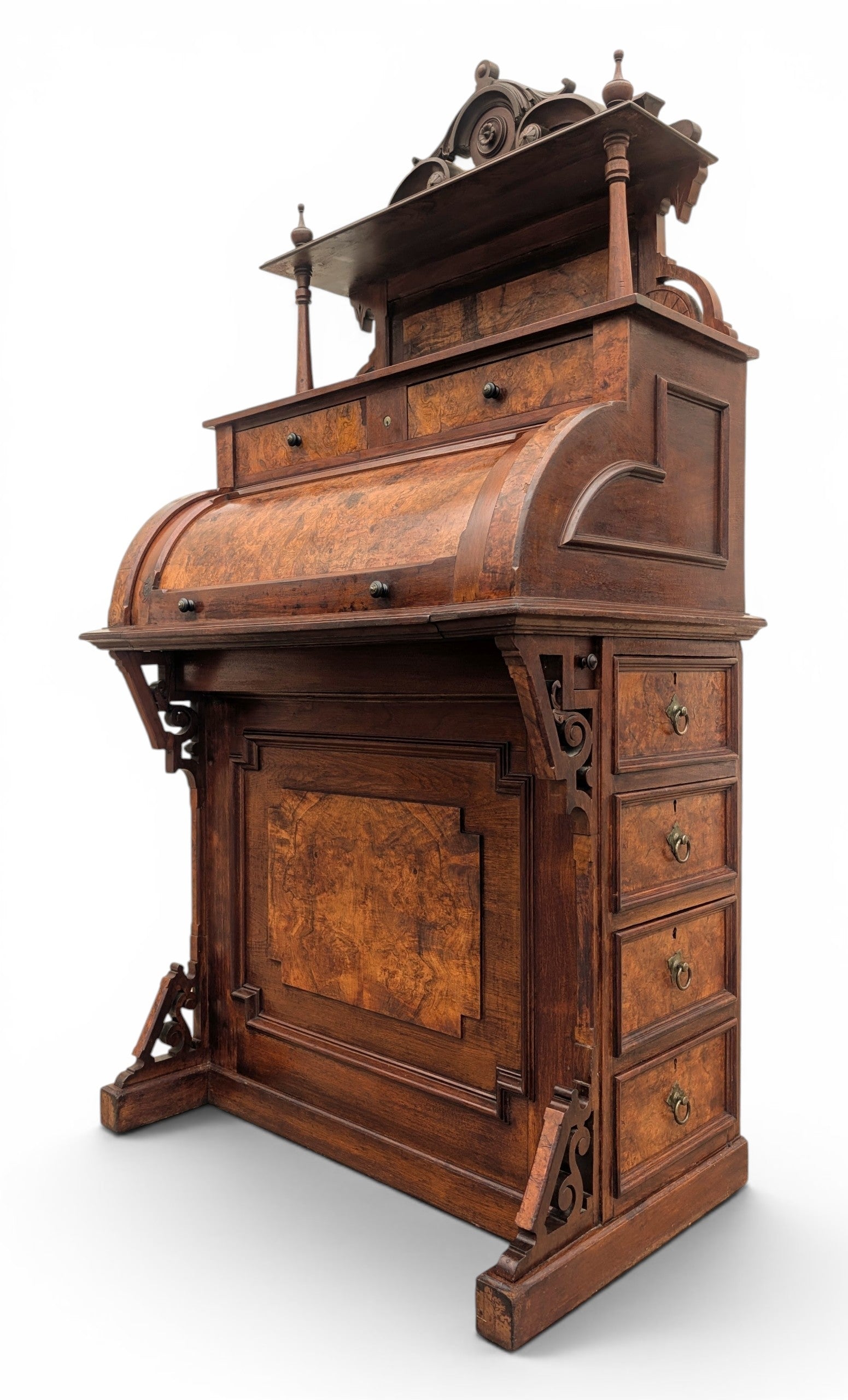 Victorian Walnut and Burlwood Roll Top Secretary