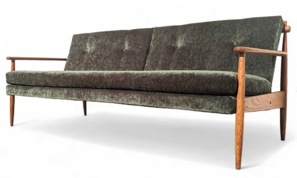 Mid Century Modern Oak and Velvet Sofa