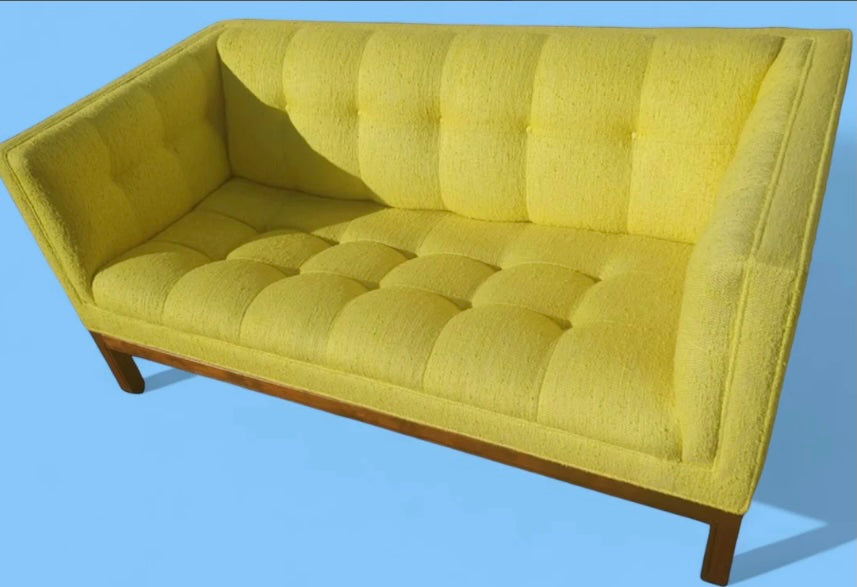 Mid Century Modern Walnut Base Tufted Sofa