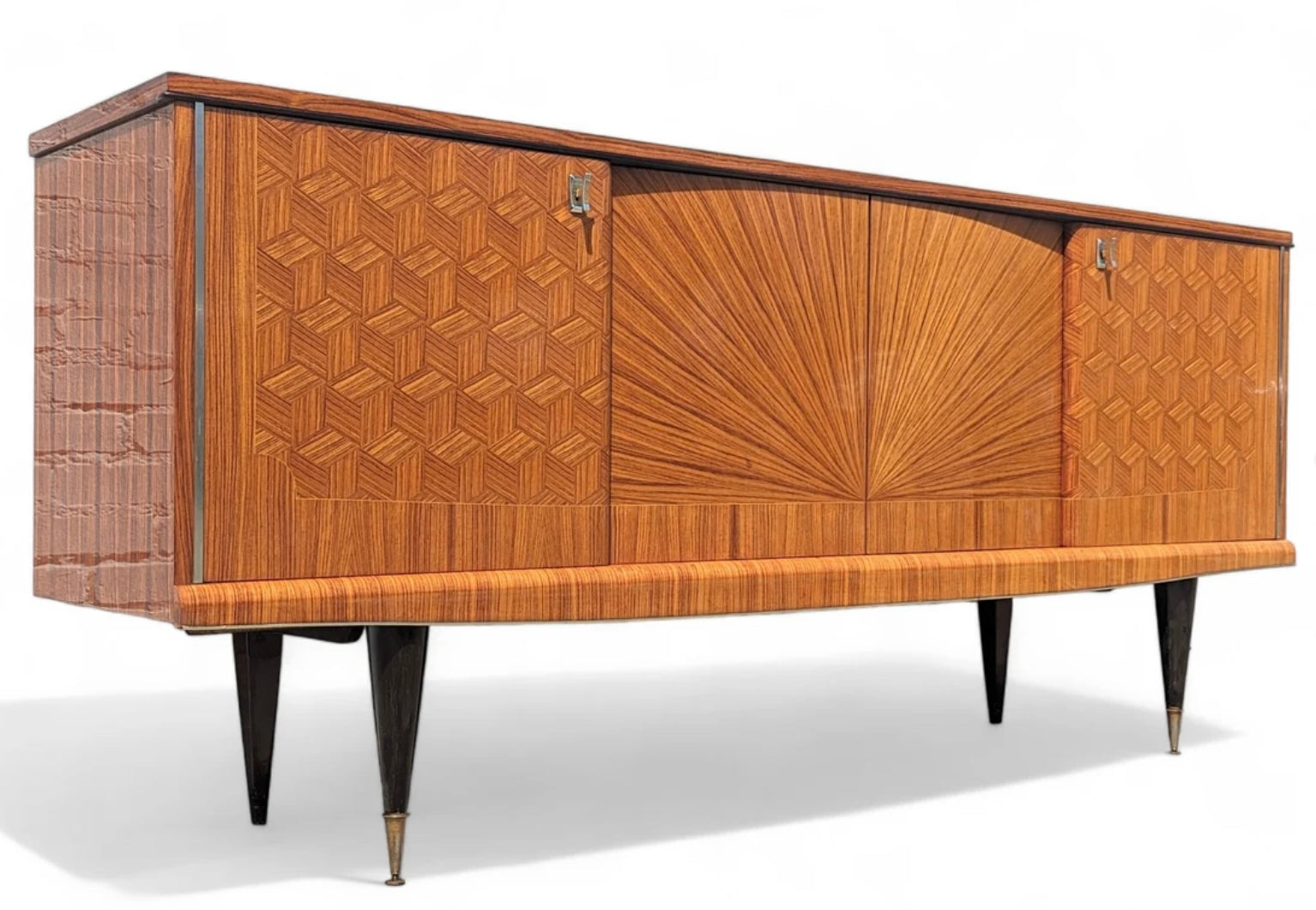 Modern French Lacquered Sunburst and Herringbone Credenza