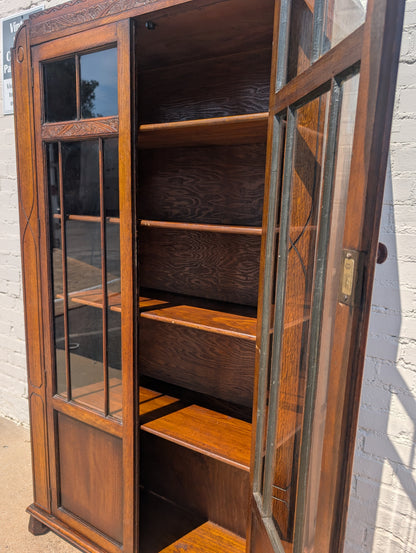 Rustic Old English Oak Glass Front Cabinet