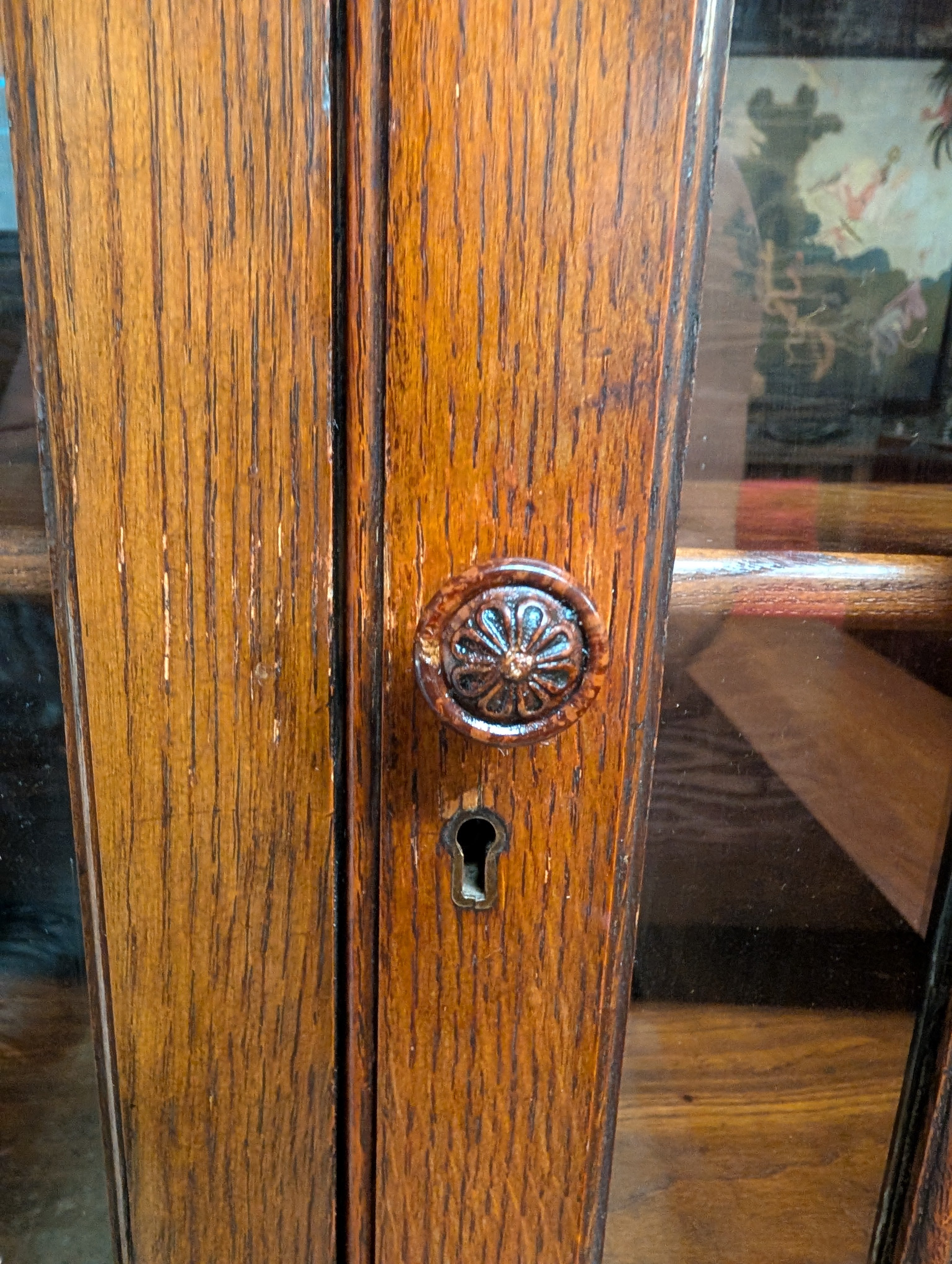Rustic Old English Oak Glass Front Cabinet