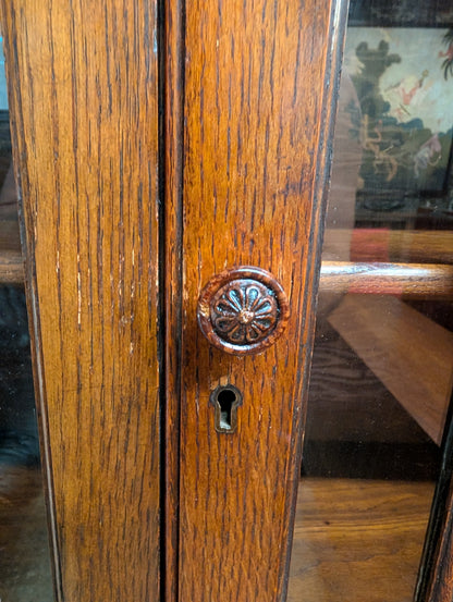 Rustic Old English Oak Glass Front Cabinet