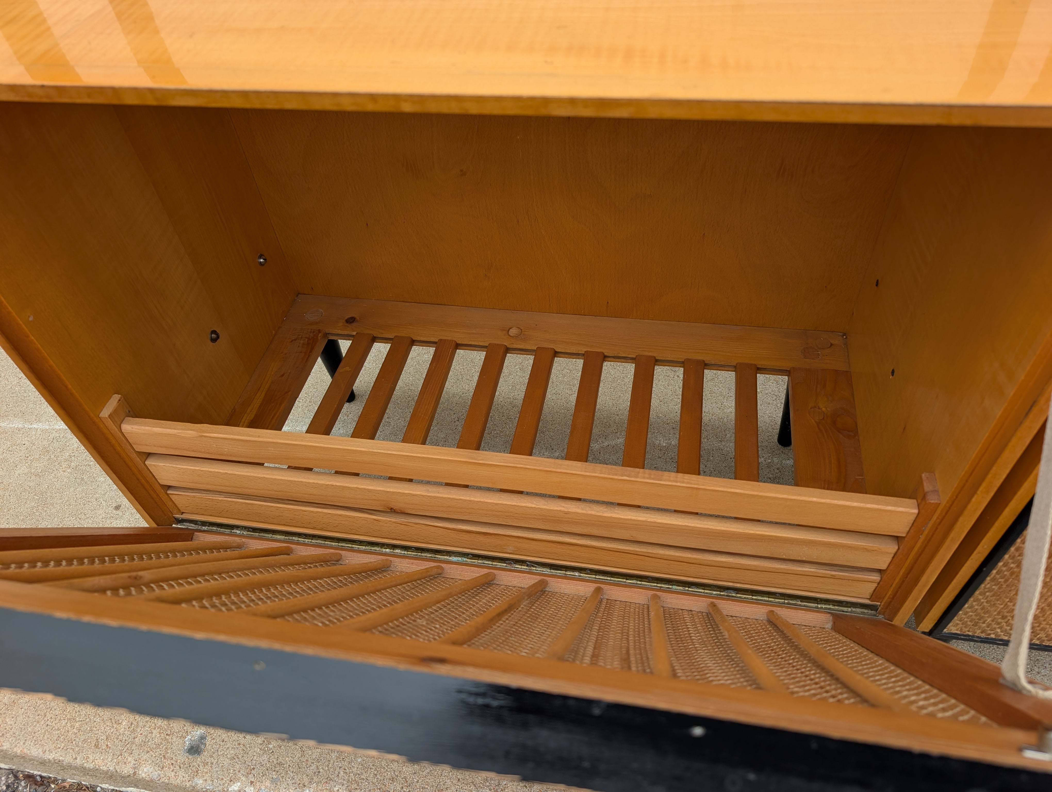 Mid Century French Modern Lacquered Maple and Grasscloth Wall Unit