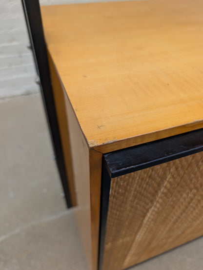 Mid Century French Modern Lacquered Maple and Grasscloth Wall Unit