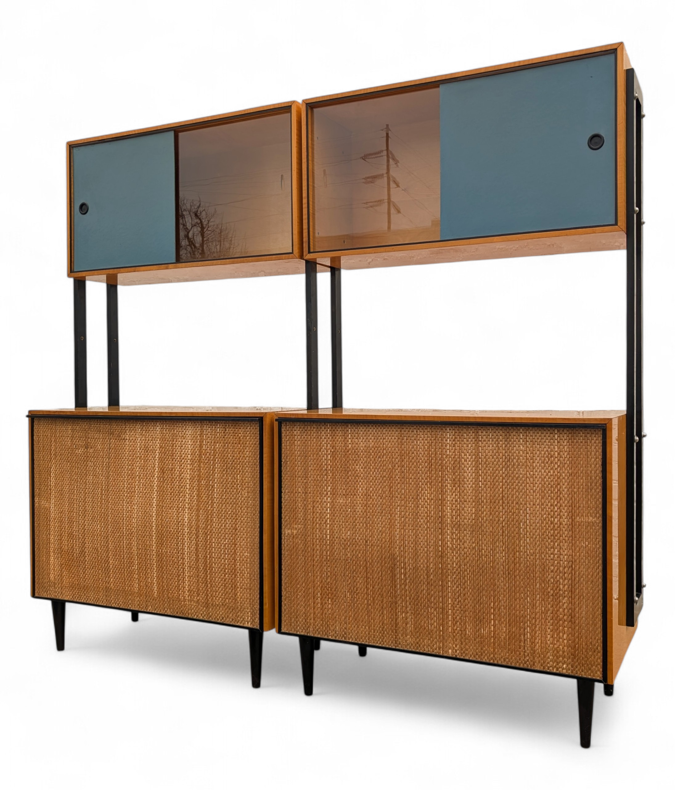 Mid Century French Modern Lacquered Maple and Grasscloth Wall Unit