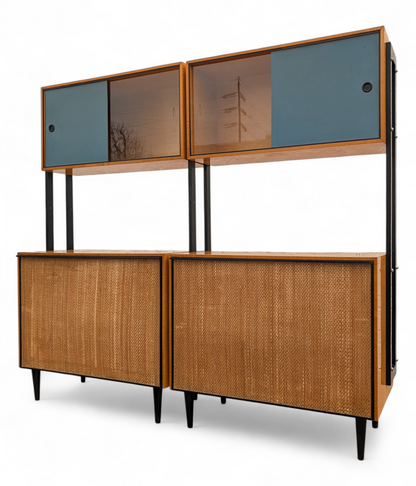 Mid Century French Modern Lacquered Maple and Grasscloth Wall Unit