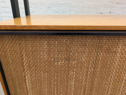 Mid Century French Modern Lacquered Maple and Grasscloth Wall Unit