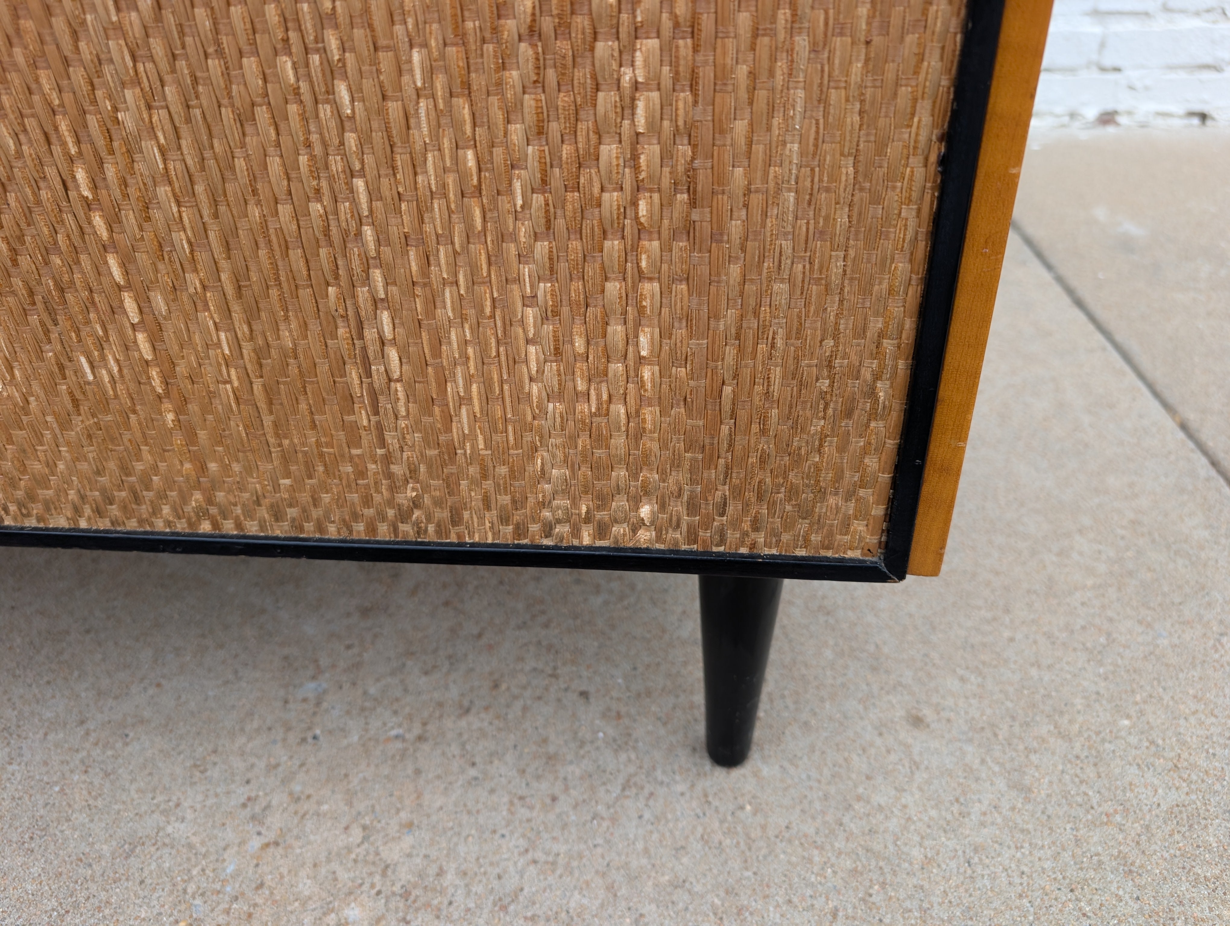 Mid Century French Modern Lacquered Maple and Grasscloth Wall Unit