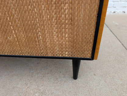 Mid Century French Modern Lacquered Maple and Grasscloth Wall Unit