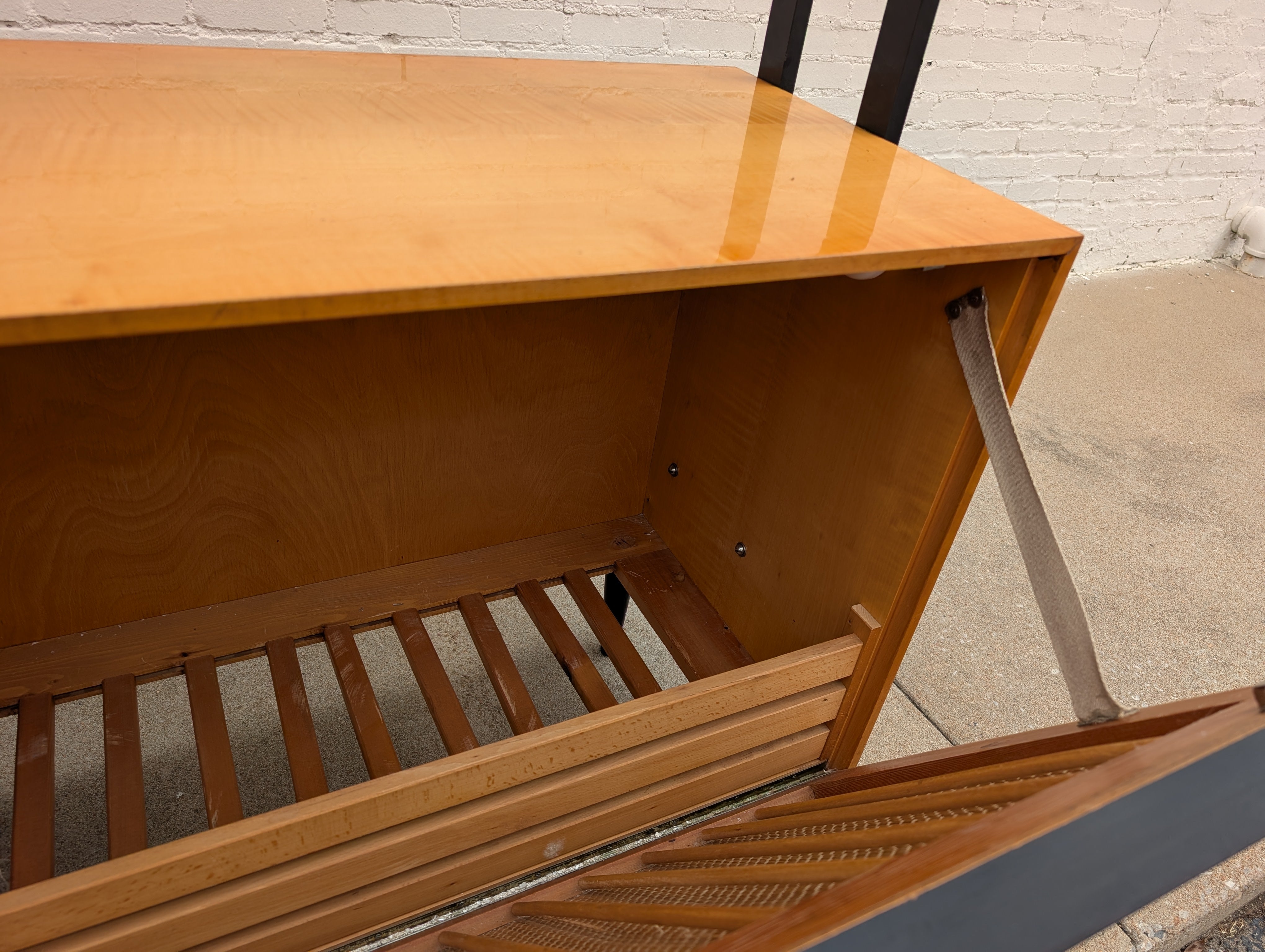 Mid Century French Modern Lacquered Maple and Grasscloth Wall Unit