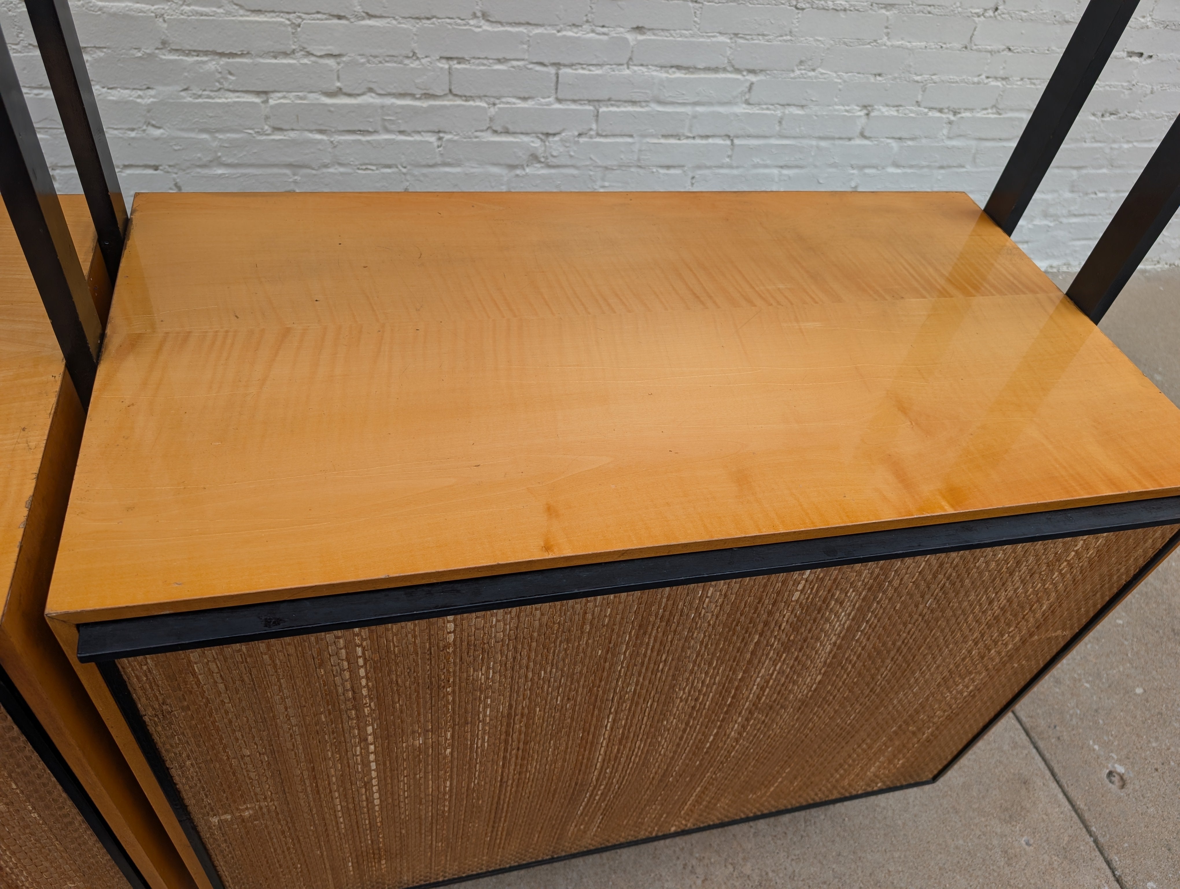 Mid Century French Modern Lacquered Maple and Grasscloth Wall Unit