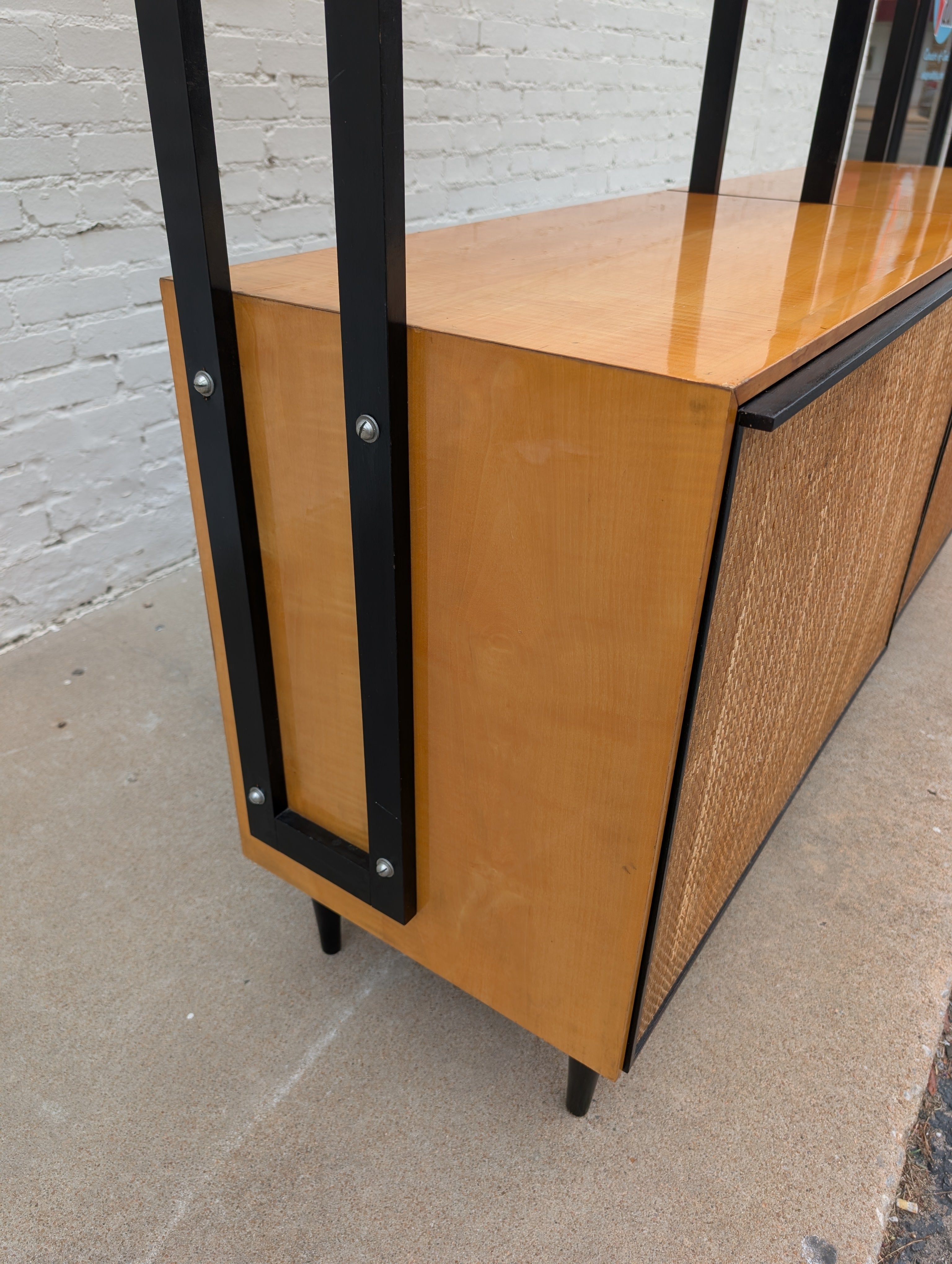Mid Century French Modern Lacquered Maple and Grasscloth Wall Unit