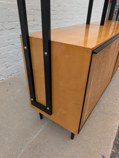 Mid Century French Modern Lacquered Maple and Grasscloth Wall Unit