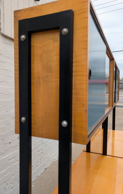 Mid Century French Modern Lacquered Maple and Grasscloth Wall Unit