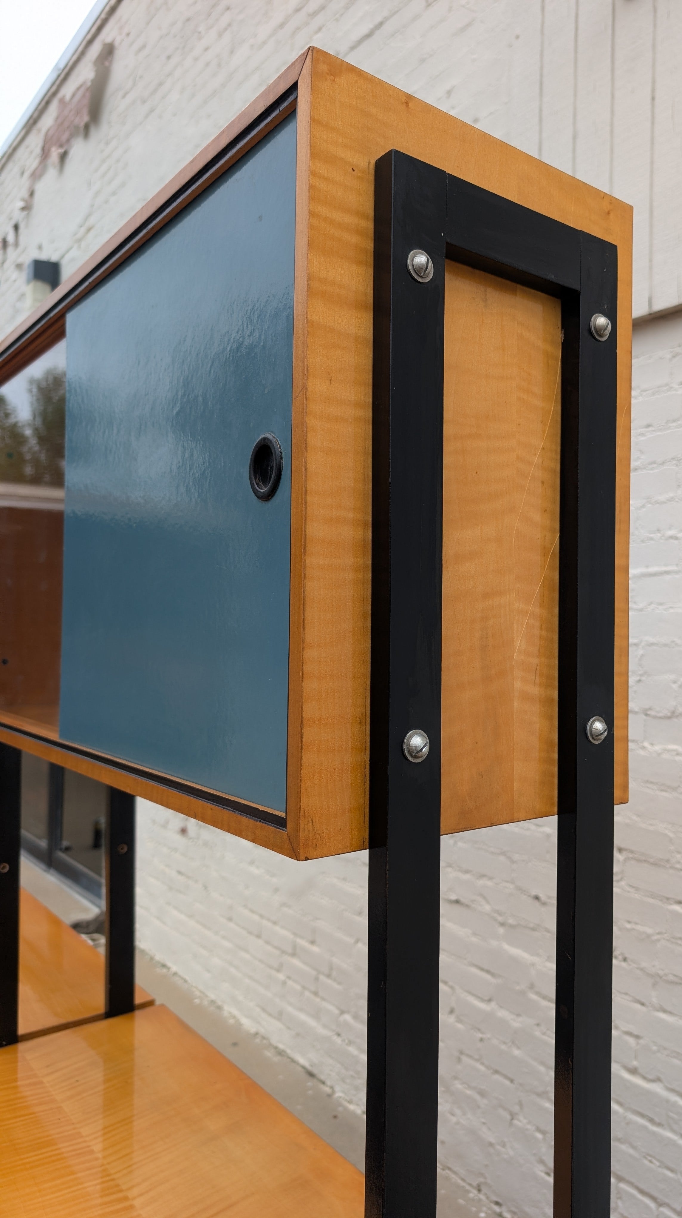 Mid Century French Modern Lacquered Maple and Grasscloth Wall Unit