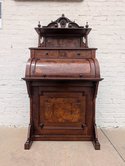 Victorian Walnut and Burlwood Roll Top Secretary