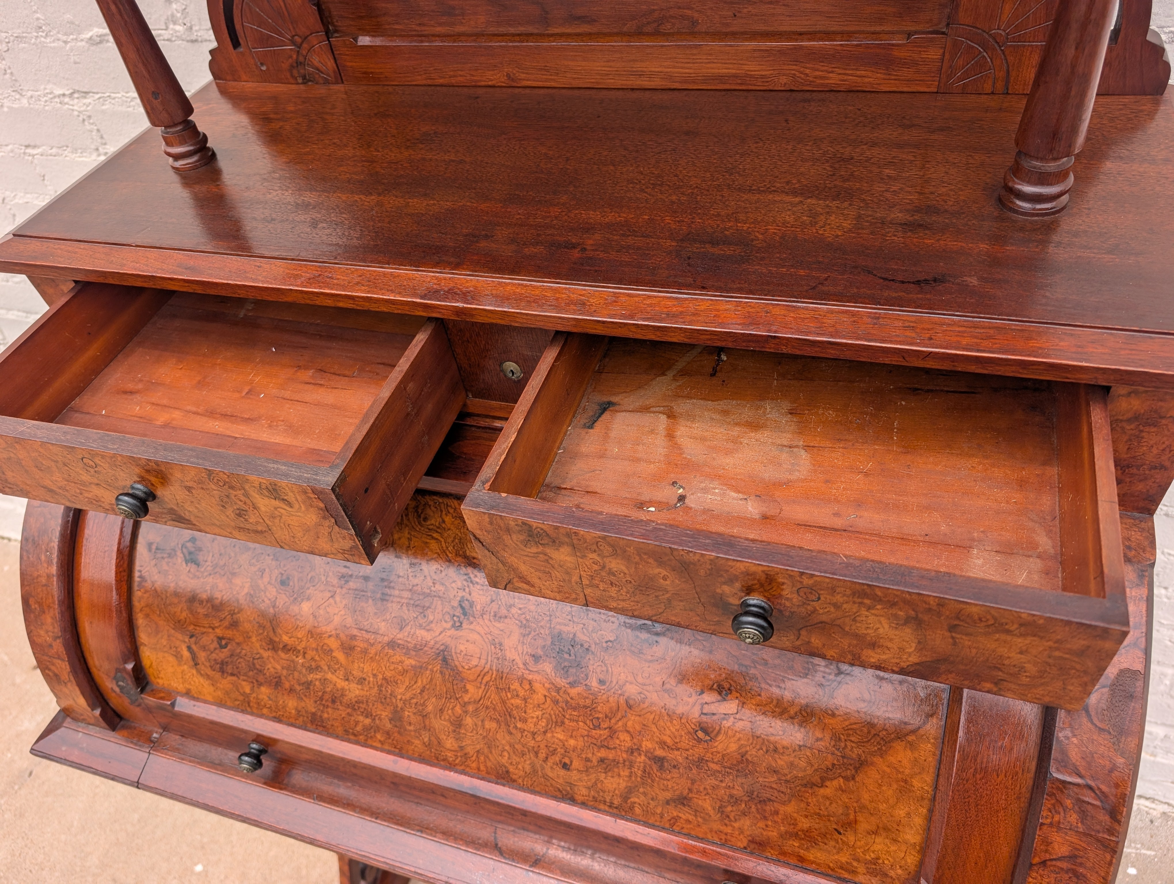 Victorian Walnut and Burlwood Roll Top Secretary