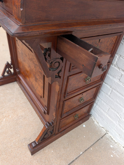 Victorian Walnut and Burlwood Roll Top Secretary