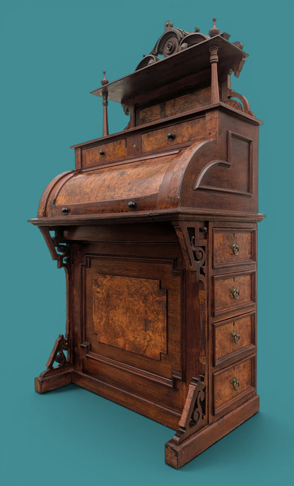 Victorian Walnut and Burlwood Roll Top Secretary