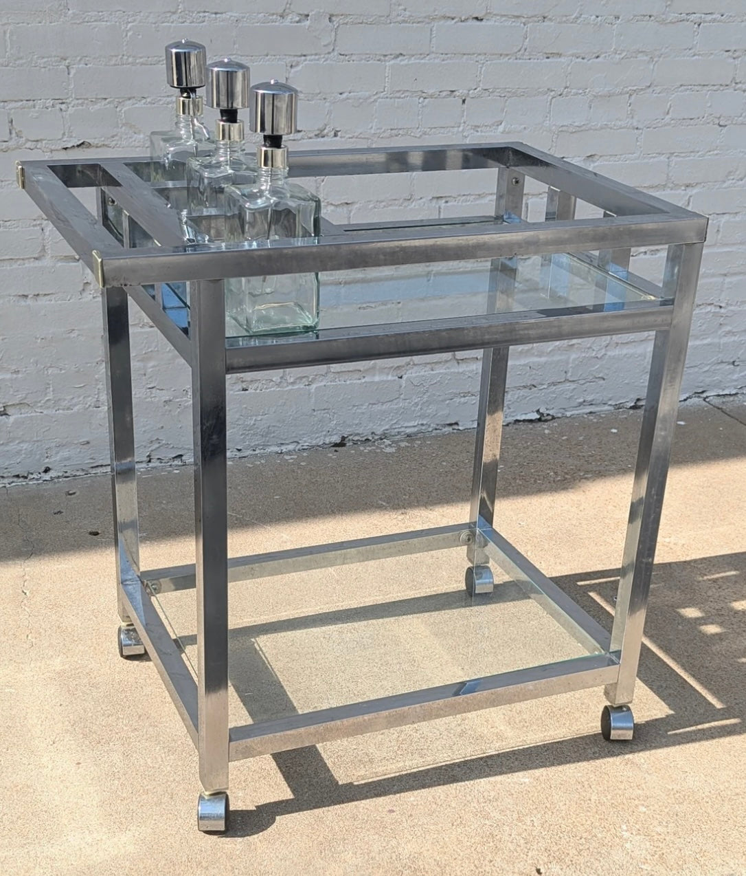 Post Modern Chrome and Glass Rolling Bar