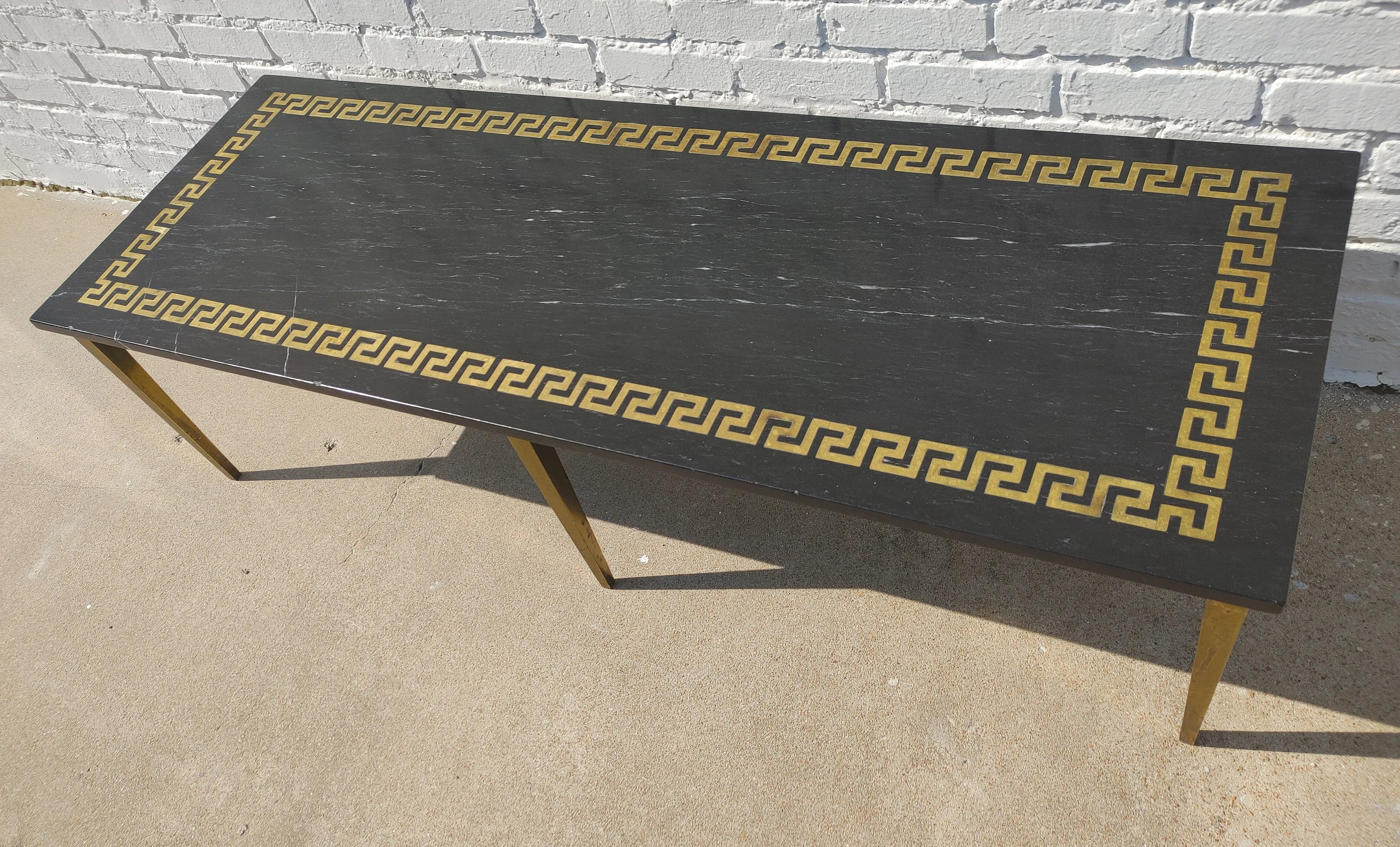 Mid Century Modern Greek Key Marble and Brass Table