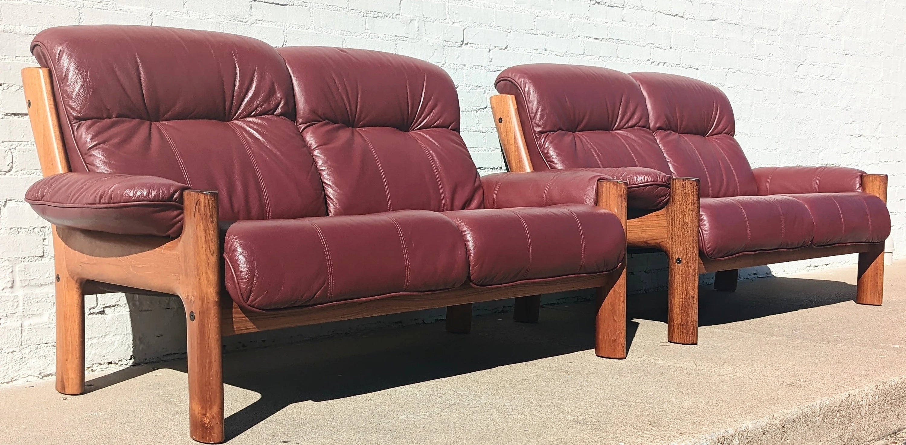 Mid Century Danish Modern Leather and Teak Loveseat