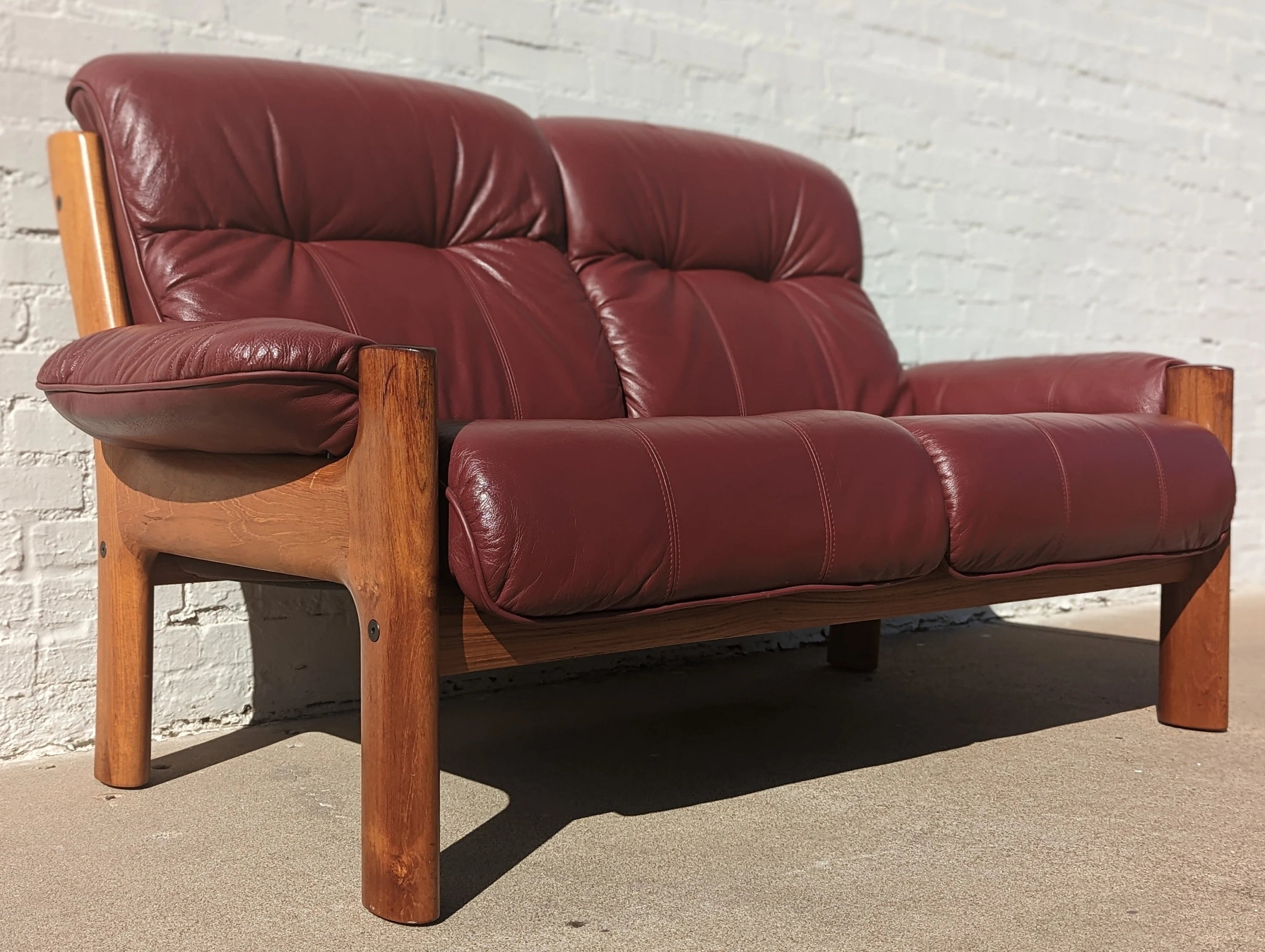 Mid Century Danish Modern Leather and Teak Loveseat