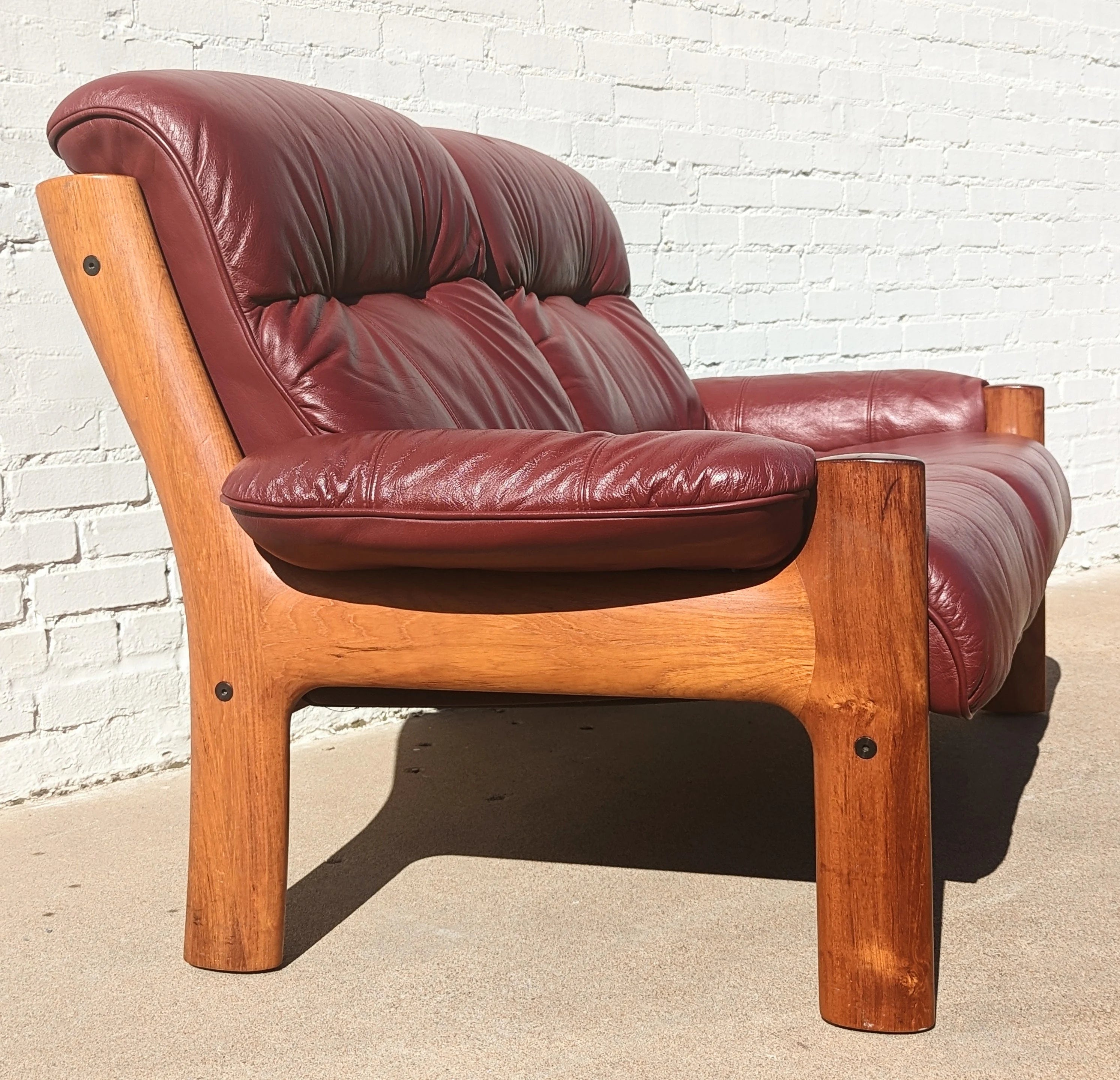 Mid Century Danish Modern Leather and Teak Loveseat