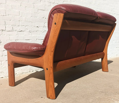 Mid Century Danish Modern Leather and Teak Loveseat