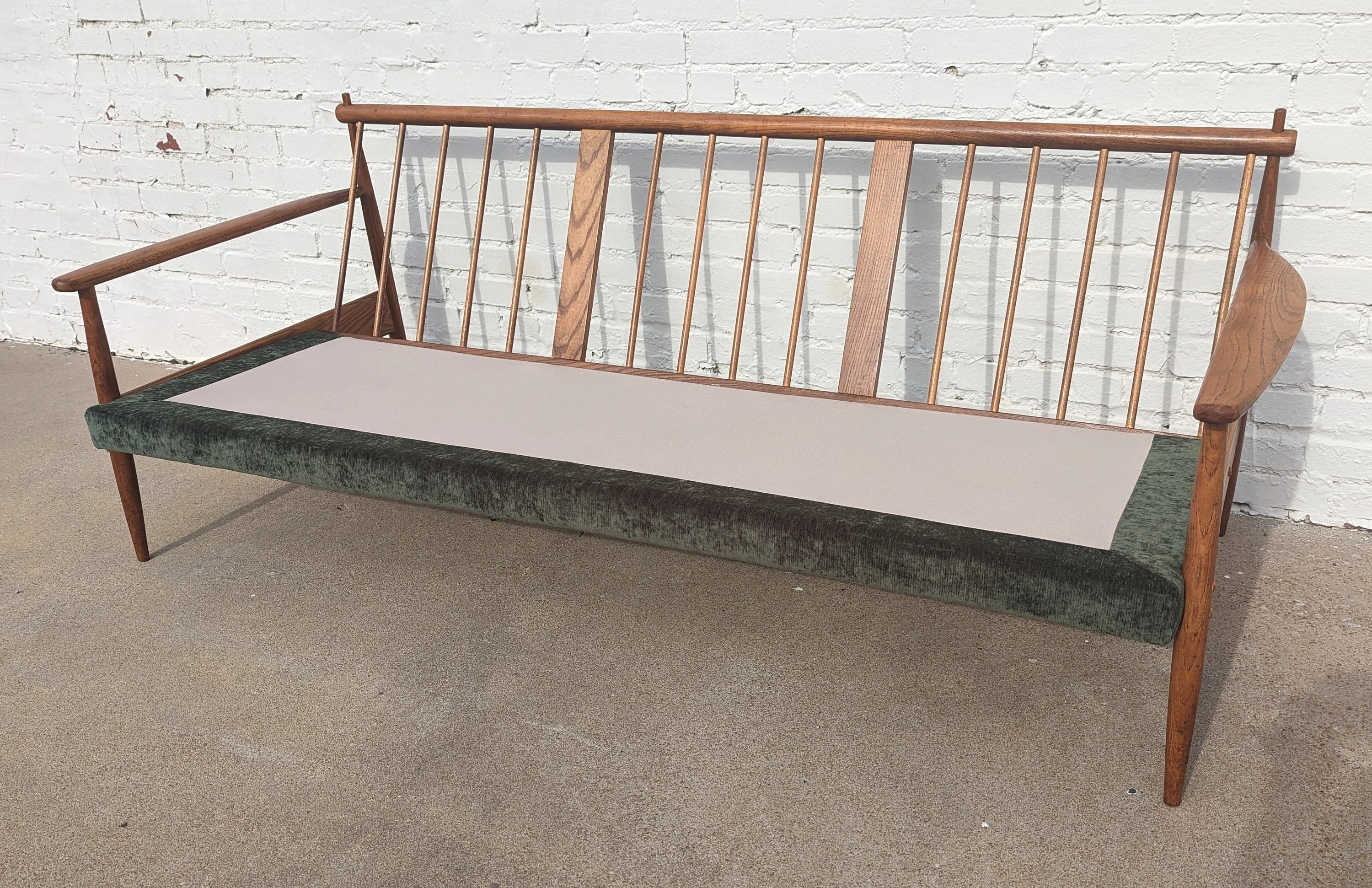 Mid Century Modern Oak and Velvet Sofa