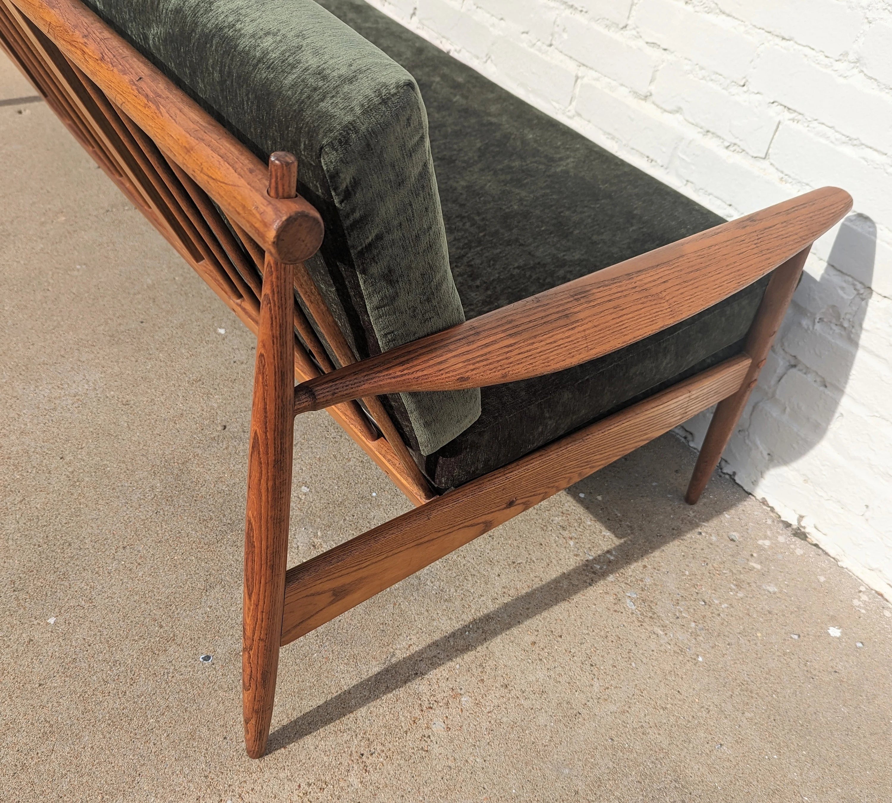 Mid Century Modern Oak and Velvet Sofa