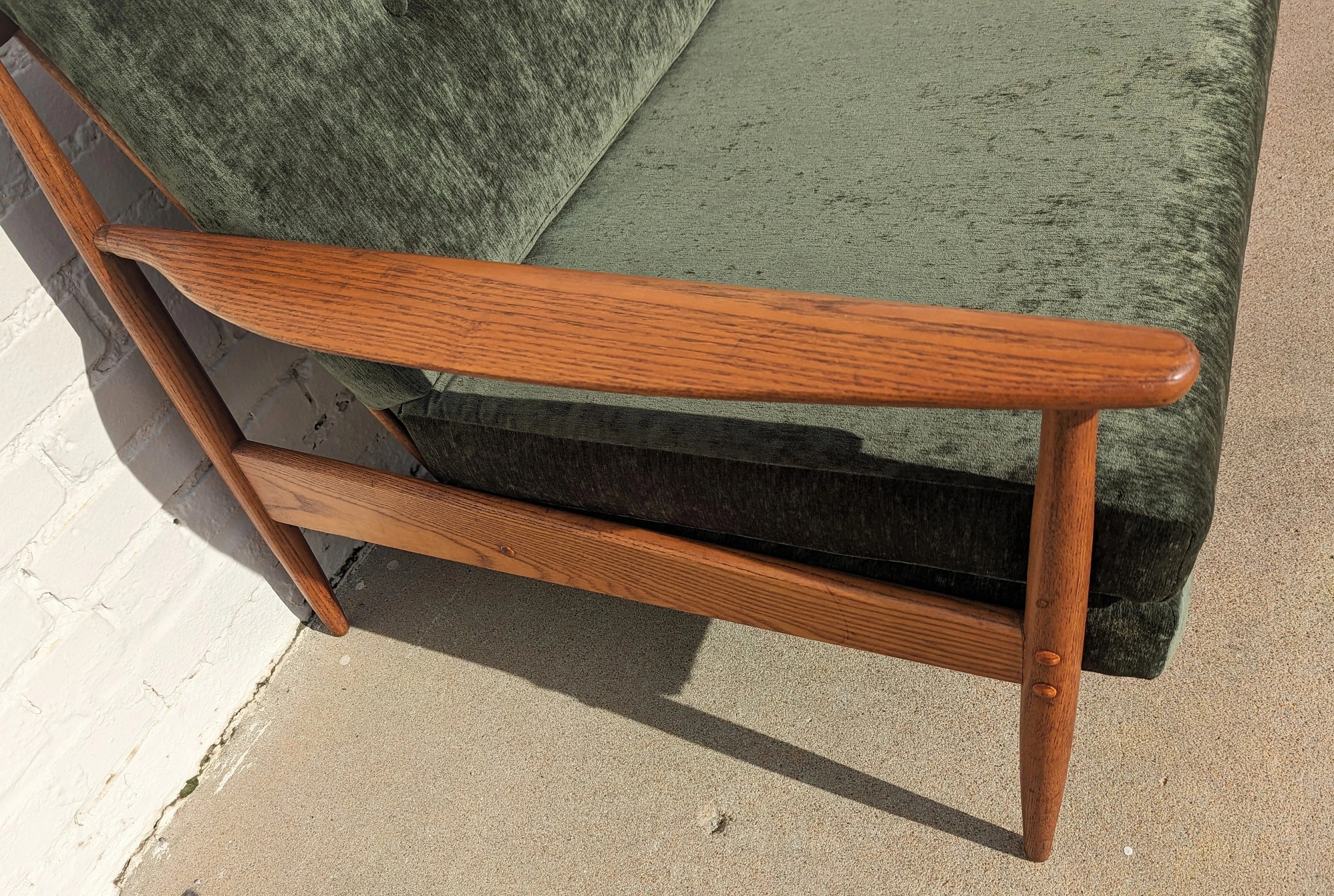Mid Century Modern Oak and Velvet Sofa
