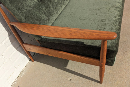 Mid Century Modern Oak and Velvet Sofa