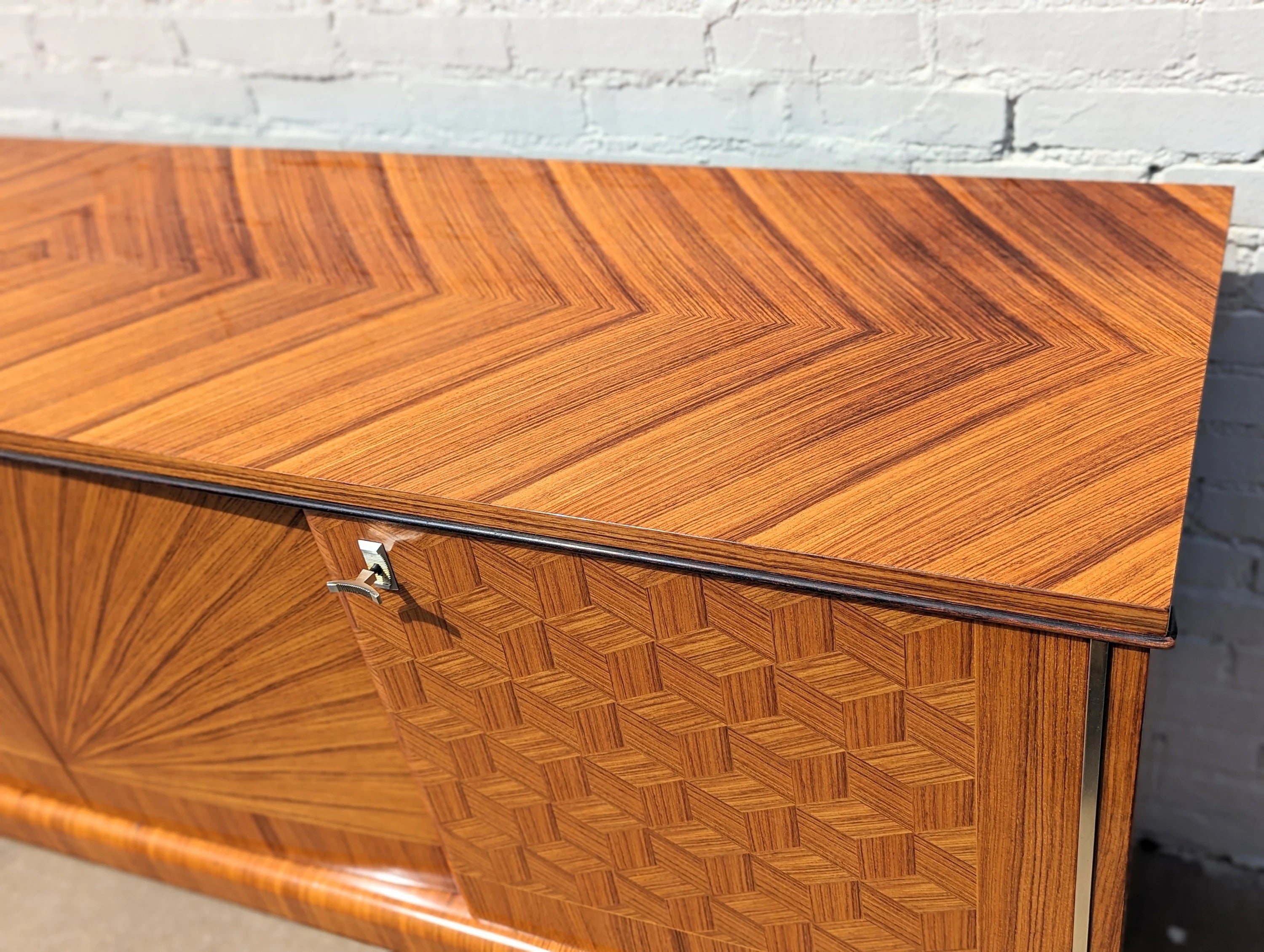 Modern French Lacquered Sunburst and Herringbone Credenza