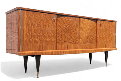 Modern French Lacquered Sunburst and Herringbone Credenza