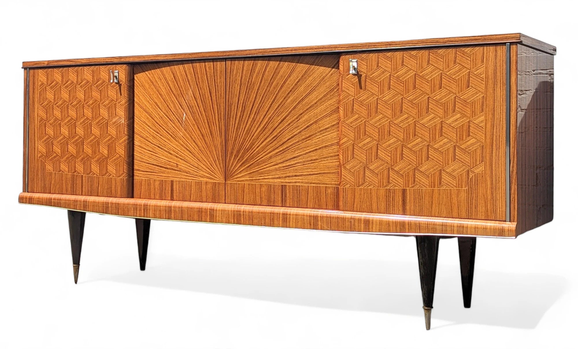 Modern French Lacquered Sunburst and Herringbone Credenza